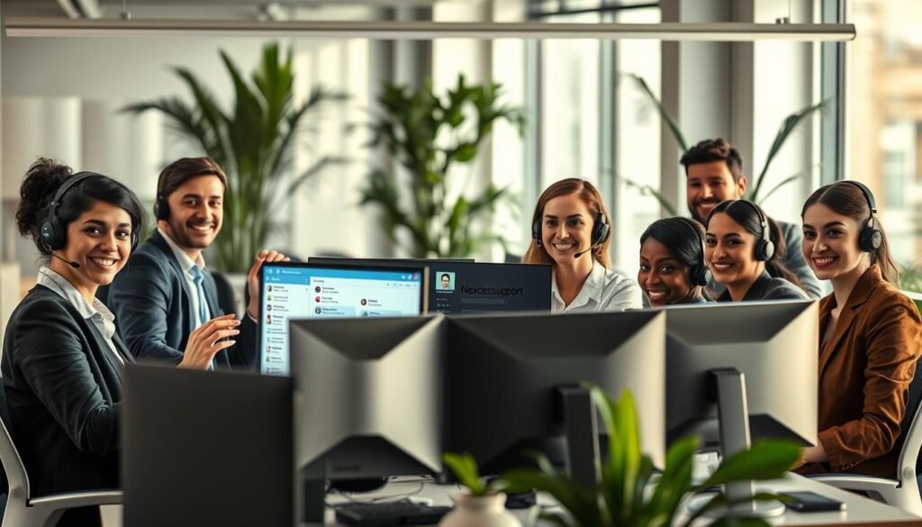 A professional customer support team gathered in a modern office setting, representing Nexcess support. In the foreground, a diverse group of friendly support agents is engaged in assisting clients via live chat and phone calls, each using high-tech computers with multiple screens. The middle layer features detailed technical elements like a digital dashboard showing customer tickets and chat logs. The background displays a sleek, contemporary office with soft lighting, large windows allowing natural light to flood in, and plants for a touch of greenery. The overall atmosphere is one of dedication, professionalism, and reliability, reflecting a strong commitment to customer support. The agents are dressed in smart business attire, exuding professionalism and approachability. A professional customer support team gathered in a modern office setting, representing Nexcess support. In the foreground, a diverse group of friendly support agents is engaged in assisting clients via live chat and phone calls, each using high-tech computers with multiple screens. The middle layer features detailed technical elements like a digital dashboard showing customer tickets and chat logs. The background displays a sleek, contemporary office with soft lighting, large windows allowing natural light to flood in, and plants for a touch of greenery. The overall atmosphere is one of dedication, professionalism, and reliability, reflecting a strong commitment to customer support. The agents are dressed in smart business attire, exuding professionalism and approachability.