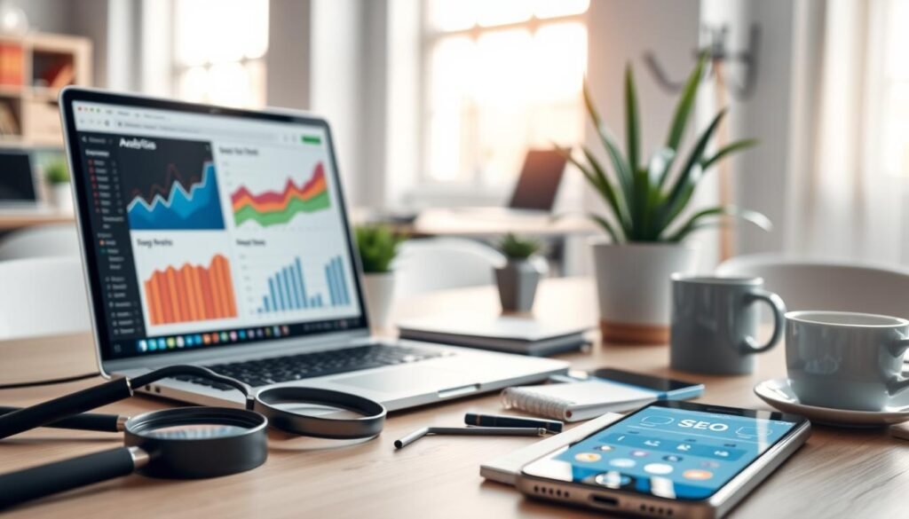 A professional digital workspace featuring various SEO tools. In the foreground, display an open laptop showing a colorful analytics dashboard with graphs and charts. Surrounding the laptop are scattered tools like a magnifying glass, a notepad, and a smartphone with SEO apps open. In the middle ground, a clean desk with a potted plant and a coffee cup adds warmth to the scene. The background reveals a bright office environment with soft, natural lighting filtering through a window, creating a productive and inspiring atmosphere. Use a shallow depth of field to keep the focus on the tools while softly blurring the background. The mood is energetic and positive, ideal for professionals in the digital marketing field. A professional digital workspace featuring various SEO tools. In the foreground, display an open laptop showing a colorful analytics dashboard with graphs and charts. Surrounding the laptop are scattered tools like a magnifying glass, a notepad, and a smartphone with SEO apps open. In the middle ground, a clean desk with a potted plant and a coffee cup adds warmth to the scene. The background reveals a bright office environment with soft, natural lighting filtering through a window, creating a productive and inspiring atmosphere. Use a shallow depth of field to keep the focus on the tools while softly blurring the background. The mood is energetic and positive, ideal for professionals in the digital marketing field.