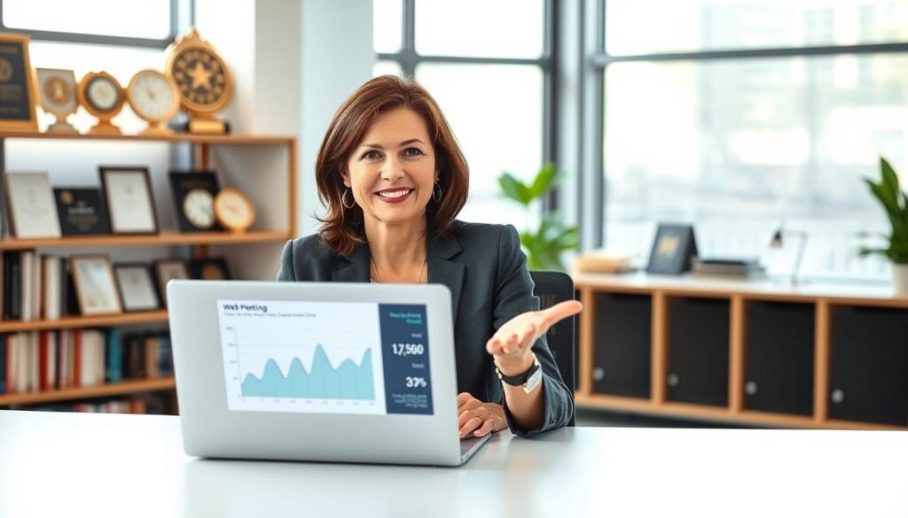 A professional-looking recommendation host is depicted in a modern office environment, seated at a sleek desk with a laptop open in front of them, showcasing a graph of web performance metrics. The host, a middle-aged brunette woman dressed in smart business attire, has a confident and approachable demeanor, gesturing towards the screen as if explaining the benefits of a WordPress managed hosting service. Soft, natural light filters in through large windows in the background, illuminating the room with a warm glow. Behind her, shelves filled with awards and tech books create an atmosphere of expertise and trust. The overall mood is professional yet inviting, reflecting a sense of reliability and authority in web hosting recommendations. A professional-looking recommendation host is depicted in a modern office environment, seated at a sleek desk with a laptop open in front of them, showcasing a graph of web performance metrics. The host, a middle-aged brunette woman dressed in smart business attire, has a confident and approachable demeanor, gesturing towards the screen as if explaining the benefits of a WordPress managed hosting service. Soft, natural light filters in through large windows in the background, illuminating the room with a warm glow. Behind her, shelves filled with awards and tech books create an atmosphere of expertise and trust. The overall mood is professional yet inviting, reflecting a sense of reliability and authority in web hosting recommendations.