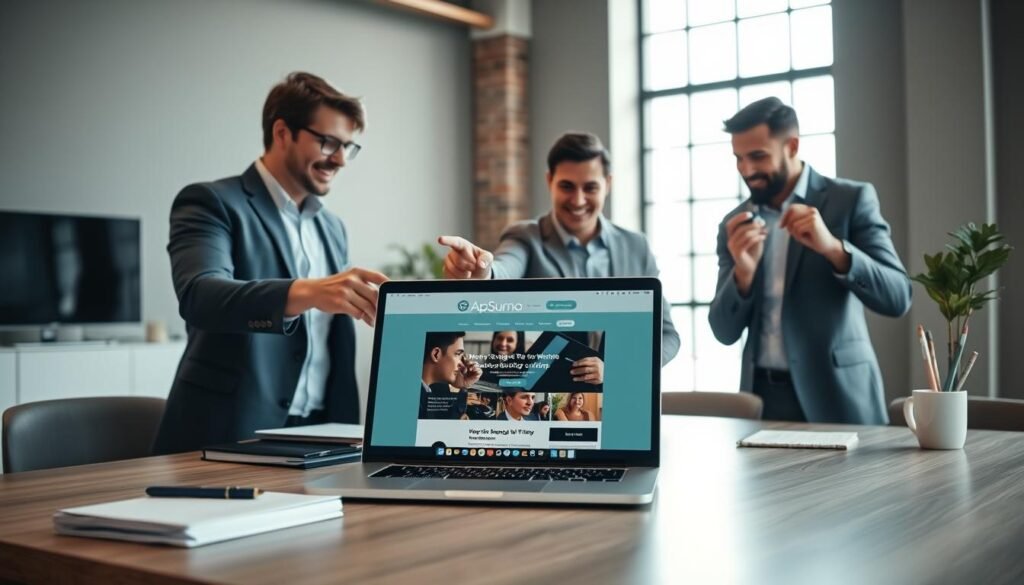 A professional, modern workspace setting featuring a laptop displaying the AppSumo website on the screen. In the foreground, a diverse group of three individuals—two men and one woman—dressed in professional business attire, are engaged in an animated discussion, pointing at the laptop and taking notes. The middle ground includes a stylish desk with notebooks, pens, and a coffee cup, adding an element of productivity. In the background, a large window with natural light streaming in, illuminating the workspace and creating a warm, inviting atmosphere. The focus should be on collaboration and decision-making, illustrating the moment of considering when to purchase from AppSumo versus directly from companies. The image should convey a sense of opportunity and enthusiasm in the tech startup world. A professional, modern workspace setting featuring a laptop displaying the AppSumo website on the screen. In the foreground, a diverse group of three individuals—two men and one woman—dressed in professional business attire, are engaged in an animated discussion, pointing at the laptop and taking notes. The middle ground includes a stylish desk with notebooks, pens, and a coffee cup, adding an element of productivity. In the background, a large window with natural light streaming in, illuminating the workspace and creating a warm, inviting atmosphere. The focus should be on collaboration and decision-making, illustrating the moment of considering when to purchase from AppSumo versus directly from companies. The image should convey a sense of opportunity and enthusiasm in the tech startup world.