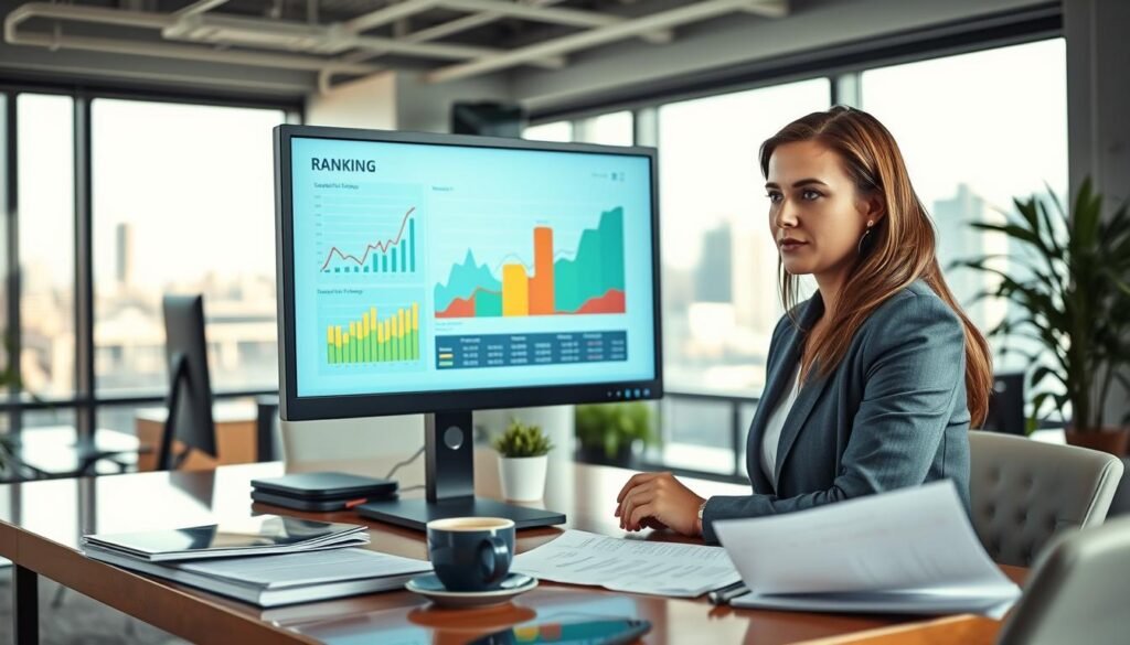 A professional office setting filled with advanced technology, showcasing a computer screen displaying a colorful graph of website ranking statistics. In the foreground, a focused businesswoman in smart casual attire analyzes the data, with her features reflecting determination and curiosity. The middle layer features an elegant desk cluttered with analytics reports, a cup of coffee, and a smartphone, enhancing the work environment. In the background, a window reveals a vibrant cityscape, suggesting a modern workplace atmosphere. Soft, natural light floods the room through the window, creating an inviting and productive mood. The image composition should have a slightly tilted angle, providing a dynamic perspective of the scene, emphasizing the theme of "rank tracking" within digital marketing. A professional office setting filled with advanced technology, showcasing a computer screen displaying a colorful graph of website ranking statistics. In the foreground, a focused businesswoman in smart casual attire analyzes the data, with her features reflecting determination and curiosity. The middle layer features an elegant desk cluttered with analytics reports, a cup of coffee, and a smartphone, enhancing the work environment. In the background, a window reveals a vibrant cityscape, suggesting a modern workplace atmosphere. Soft, natural light floods the room through the window, creating an inviting and productive mood. The image composition should have a slightly tilted angle, providing a dynamic perspective of the scene, emphasizing the theme of "rank tracking" within digital marketing.
