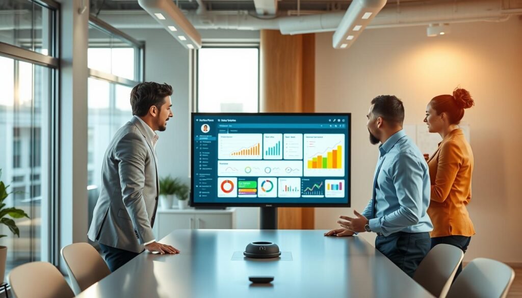 A professional office setting illuminated with soft, natural light filtering through large windows. In the foreground, a diverse group of four individuals, dressed in smart business attire, engages in a collaborative discussion around a modern conference table, symbolizing support and teamwork. The middle layer features displays of colorful graphs and reports on a digital screen, showcasing tools and metrics that enhance user experience. In the background, a whiteboard filled with notes highlights various communication channels. The atmosphere is vibrant and inviting, reflecting a sense of community and collaboration, with warm tones enhancing the overall feeling of encouragement and support in the workplace. A professional office setting illuminated with soft, natural light filtering through large windows. In the foreground, a diverse group of four individuals, dressed in smart business attire, engages in a collaborative discussion around a modern conference table, symbolizing support and teamwork. The middle layer features displays of colorful graphs and reports on a digital screen, showcasing tools and metrics that enhance user experience. In the background, a whiteboard filled with notes highlights various communication channels. The atmosphere is vibrant and inviting, reflecting a sense of community and collaboration, with warm tones enhancing the overall feeling of encouragement and support in the workplace.