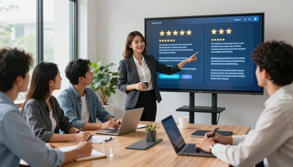 A professional office setting showcasing a diverse group of marketing professionals engaged in a collaborative meeting. In the foreground, a confident woman in business attire points to a large digital screen displaying glowing reviews and testimonials about a marketing platform, illustrating trust and success. The middle ground features colleagues attentively listening and taking notes, with a sense of engagement and focus. The background includes modern office decor with soft, natural lighting pouring in from large windows, creating an inviting and productive atmosphere. The overall mood is positive and inspirational, promoting the importance of trust and proven ROI in marketing strategies. A professional office setting showcasing a diverse group of marketing professionals engaged in a collaborative meeting. In the foreground, a confident woman in business attire points to a large digital screen displaying glowing reviews and testimonials about a marketing platform, illustrating trust and success. The middle ground features colleagues attentively listening and taking notes, with a sense of engagement and focus. The background includes modern office decor with soft, natural lighting pouring in from large windows, creating an inviting and productive atmosphere. The overall mood is positive and inspirational, promoting the importance of trust and proven ROI in marketing strategies.