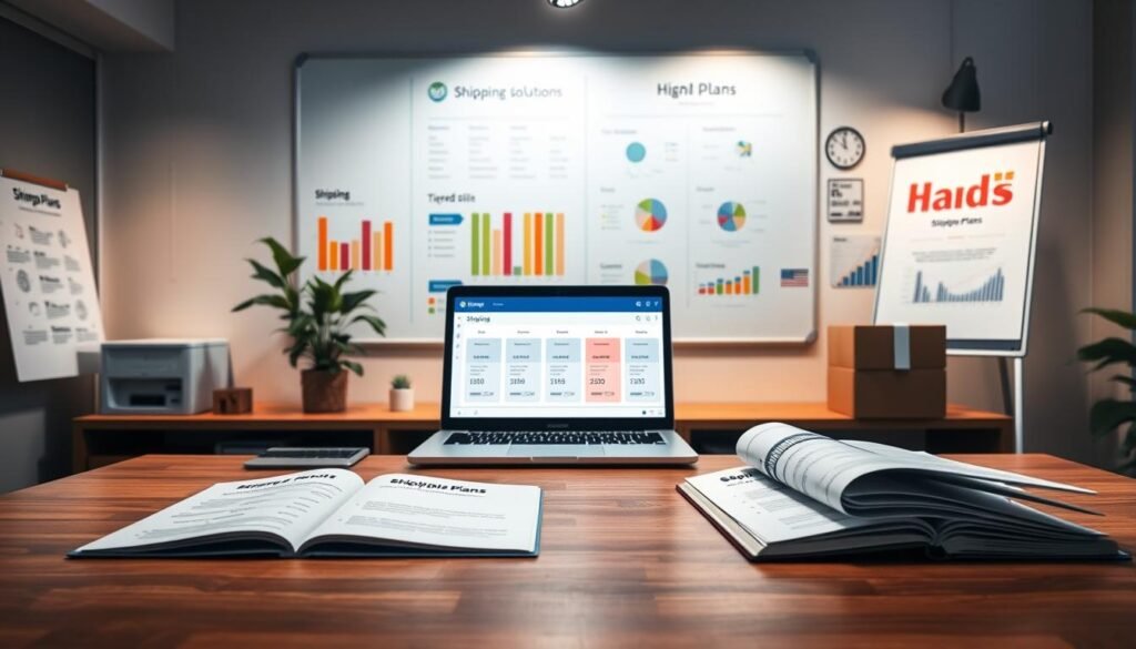 A professional office workspace showcasing various shipping plans. In the foreground, a sleek wooden desk displaying open folders and documents illustrating different shipping options and prices. In the middle, a laptop with a user interface highlighted on the screen, visually detailing tiered plans. To the background, a large whiteboard covered in colorful charts and graphs related to shipping solutions, with subtle lighting illuminating the scene from a nearby window. The atmosphere is focused and efficient, embodying a sense of organization and strategic decision-making. The overall lighting is warm and inviting, casting soft shadows across the workspace, while maintaining a clean and contemporary aesthetic. A professional office workspace showcasing various shipping plans. In the foreground, a sleek wooden desk displaying open folders and documents illustrating different shipping options and prices. In the middle, a laptop with a user interface highlighted on the screen, visually detailing tiered plans. To the background, a large whiteboard covered in colorful charts and graphs related to shipping solutions, with subtle lighting illuminating the scene from a nearby window. The atmosphere is focused and efficient, embodying a sense of organization and strategic decision-making. The overall lighting is warm and inviting, casting soft shadows across the workspace, while maintaining a clean and contemporary aesthetic.