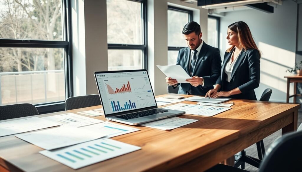A professional setting depicting a modern office space focused on pricing strategies. In the foreground, a large wooden table is covered with graphs, charts, and pricing models, with a sleek laptop displaying a pricing software interface. In the middle ground, two business professionals, a man and a woman, are engaged in a discussion while examining a document, both dressed in smart business attire. The background features large windows with natural light streaming in, casting soft shadows across the room. The atmosphere is calm and focused, emphasizing productivity and collaboration in financial management. The lighting is bright and inviting, highlighting key elements on the table. A professional setting depicting a modern office space focused on pricing strategies. In the foreground, a large wooden table is covered with graphs, charts, and pricing models, with a sleek laptop displaying a pricing software interface. In the middle ground, two business professionals, a man and a woman, are engaged in a discussion while examining a document, both dressed in smart business attire. The background features large windows with natural light streaming in, casting soft shadows across the room. The atmosphere is calm and focused, emphasizing productivity and collaboration in financial management. The lighting is bright and inviting, highlighting key elements on the table.