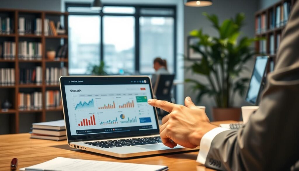 A professional setting featuring a site audit in progress. In the foreground, a neatly organized desk with a laptop displaying a website analytics dashboard, various SEO tools, and digital graphs. A pair of hands, dressed in business attire, pointing at the screen, symbolizing active analysis. In the middle, a soft-focused background of an office environment with bookshelves filled with marketing literature and a plant for a touch of greenery. The lighting is bright and professional, simulating a well-lit workspace, with natural light pouring in from a window. The atmosphere is focused and productive, conveying the importance of technical SEO audits and improvements. A professional setting featuring a site audit in progress. In the foreground, a neatly organized desk with a laptop displaying a website analytics dashboard, various SEO tools, and digital graphs. A pair of hands, dressed in business attire, pointing at the screen, symbolizing active analysis. In the middle, a soft-focused background of an office environment with bookshelves filled with marketing literature and a plant for a touch of greenery. The lighting is bright and professional, simulating a well-lit workspace, with natural light pouring in from a window. The atmosphere is focused and productive, conveying the importance of technical SEO audits and improvements.