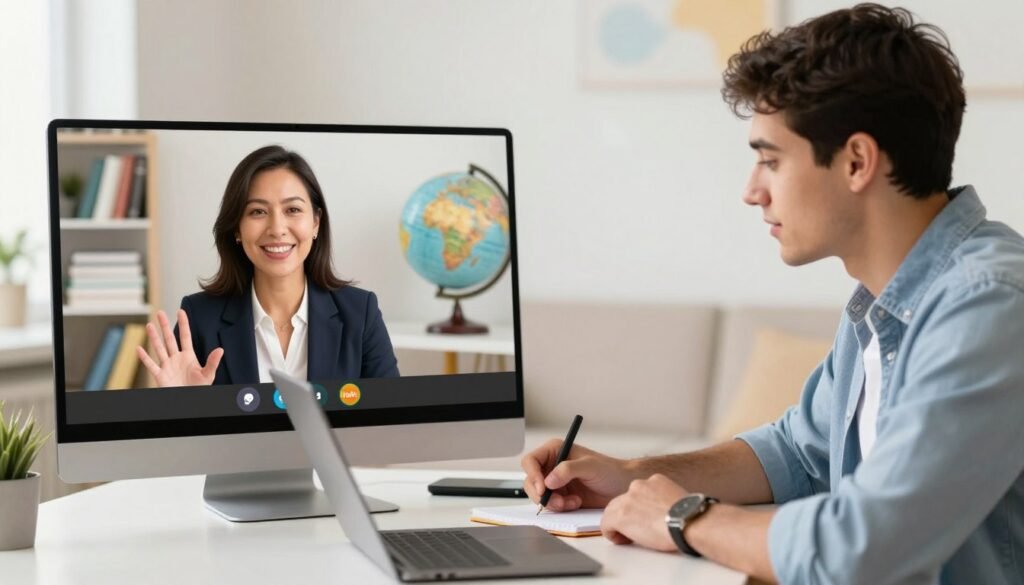 A professional setting showcasing a split-screen scene. On the left, a friendly language teacher, a middle-aged woman of Asian descent, engaging in a video call on italki, wearing smart business attire. She is surrounded by a warm, inviting office with language books and a globe. On the right, a young man of Hispanic descent, in casual but neat clothing, sitting at a desk with his laptop open, taking notes while listening intently. The background is softly blurred with pastel colors that suggest a calm and inviting atmosphere. The lighting is natural and bright, creating an optimistic and focused environment. The overall mood is balanced and professional, capturing the essence of evaluating the pros and cons of online language learning through italki. A professional setting showcasing a split-screen scene. On the left, a friendly language teacher, a middle-aged woman of Asian descent, engaging in a video call on italki, wearing smart business attire. She is surrounded by a warm, inviting office with language books and a globe. On the right, a young man of Hispanic descent, in casual but neat clothing, sitting at a desk with his laptop open, taking notes while listening intently. The background is softly blurred with pastel colors that suggest a calm and inviting atmosphere. The lighting is natural and bright, creating an optimistic and focused environment. The overall mood is balanced and professional, capturing the essence of evaluating the pros and cons of online language learning through italki.