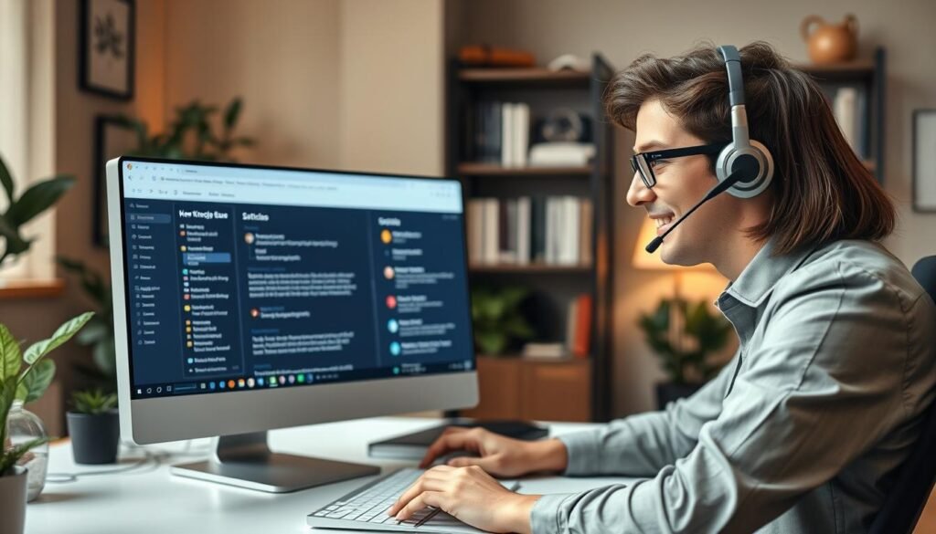 A professional support scene portraying an engaged technical support representative assisting a customer over live chat. In the foreground, a friendly individual in business attire is seated at a modern desk with a computer, focused and smiling as they interact with the screen. In the middle ground, a glowing monitor displays a chat window and a well-organized knowledge base interface with various articles. The background features a cozy, professional office environment with soft lighting, warm tones, and a bookshelf filled with tech books, creating an inviting atmosphere. The angle is slightly above eye level, offering a clear view of the representative's concentration and the display, embodying a sense of reliability and assistance in customer support. A professional support scene portraying an engaged technical support representative assisting a customer over live chat. In the foreground, a friendly individual in business attire is seated at a modern desk with a computer, focused and smiling as they interact with the screen. In the middle ground, a glowing monitor displays a chat window and a well-organized knowledge base interface with various articles. The background features a cozy, professional office environment with soft lighting, warm tones, and a bookshelf filled with tech books, creating an inviting atmosphere. The angle is slightly above eye level, offering a clear view of the representative's concentration and the display, embodying a sense of reliability and assistance in customer support.