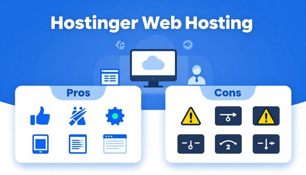 A professional, visually appealing infographic depicting the pros and cons of choosing Hostinger web hosting. In the foreground, showcase two distinct sections: one illustrating pros with positive symbols like thumbs up, fast servers, and easy-to-use interfaces, while the other features cons with caution symbols and images of downtime or complexity. In the middle ground, integrate subtle representations of a computer, cloud symbols, and customer support icons. The background should be a smooth gradient of blue and white, conveying trust and reliability, with soft, diffused lighting for a clean look. The overall mood is informative yet engaging, designed to attract readers’ attention and provide a clear visual comparison without any text or logos. A professional, visually appealing infographic depicting the pros and cons of choosing Hostinger web hosting. In the foreground, showcase two distinct sections: one illustrating pros with positive symbols like thumbs up, fast servers, and easy-to-use interfaces, while the other features cons with caution symbols and images of downtime or complexity. In the middle ground, integrate subtle representations of a computer, cloud symbols, and customer support icons. The background should be a smooth gradient of blue and white, conveying trust and reliability, with soft, diffused lighting for a clean look. The overall mood is informative yet engaging, designed to attract readers’ attention and provide a clear visual comparison without any text or logos.