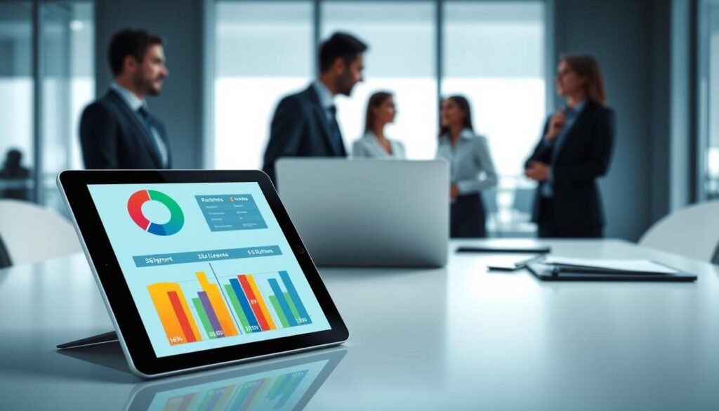 A professional, visually appealing infographic representing pricing options and licensing plans for software. In the foreground, a sleek digital tablet displays colorful pie charts and bar graphs illustrating various price tiers. In the middle ground, a clean, modern desk holds a laptop and stationery, creating a business-like atmosphere. The background includes blurred silhouettes of professionals in business attire engaged in discussion, symbolizing collaboration and decision-making. The lighting is well-lit and bright, conveying clarity and transparency. The color palette should feature blues and greens for a tech-savvy look, with a hint of warmth to make it inviting. The overall mood is optimistic and focused, ideal for guiding readers in evaluating pricing relevance to their needs. A professional, visually appealing infographic representing pricing options and licensing plans for software. In the foreground, a sleek digital tablet displays colorful pie charts and bar graphs illustrating various price tiers. In the middle ground, a clean, modern desk holds a laptop and stationery, creating a business-like atmosphere. The background includes blurred silhouettes of professionals in business attire engaged in discussion, symbolizing collaboration and decision-making. The lighting is well-lit and bright, conveying clarity and transparency. The color palette should feature blues and greens for a tech-savvy look, with a hint of warmth to make it inviting. The overall mood is optimistic and focused, ideal for guiding readers in evaluating pricing relevance to their needs.
