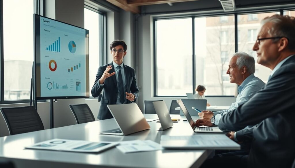 A professional workspace featuring a diverse group of three colleagues analyzing survey data on a large screen. In the foreground, a middle-aged woman with glasses gestures towards insightful charts and graphs. A young man, dressed in business attire, takes notes, while an older man nods thoughtfully, deep in contemplation. The middle ground showcases a sleek conference table with laptops and charts scattered across it, invoking a sense of collaboration. In the background, large windows let in soft, natural light, creating an open, inviting atmosphere. The mood is focused and productive, conveying the essence of data-driven decision-making and actionable insights. Capture the image from a slightly elevated angle to enhance perspective. A professional workspace featuring a diverse group of three colleagues analyzing survey data on a large screen. In the foreground, a middle-aged woman with glasses gestures towards insightful charts and graphs. A young man, dressed in business attire, takes notes, while an older man nods thoughtfully, deep in contemplation. The middle ground showcases a sleek conference table with laptops and charts scattered across it, invoking a sense of collaboration. In the background, large windows let in soft, natural light, creating an open, inviting atmosphere. The mood is focused and productive, conveying the essence of data-driven decision-making and actionable insights. Capture the image from a slightly elevated angle to enhance perspective.