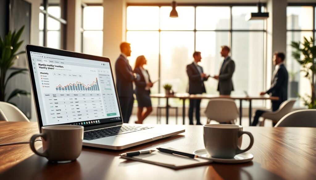 A professional workspace featuring a sleek desk with a modern laptop open to a financial dashboard displaying monthly subscription plans. In the foreground, a cup of coffee and a notepad with a pen symbolize productivity and organization. The middle ground includes a diverse group of individuals in business attire engaged in discussion, reflecting collaboration and decision-making. The background showcases a well-lit office environment with large windows allowing natural light to pour in, creating an inviting and motivating atmosphere. Soft shadows and warm tones enhance the sense of professionalism and innovation. The composition should evoke a sense of clarity and focus on monthly pricing and subscription benefits, emphasizing a dynamic yet calm corporate vibe. A professional workspace featuring a sleek desk with a modern laptop open to a financial dashboard displaying monthly subscription plans. In the foreground, a cup of coffee and a notepad with a pen symbolize productivity and organization. The middle ground includes a diverse group of individuals in business attire engaged in discussion, reflecting collaboration and decision-making. The background showcases a well-lit office environment with large windows allowing natural light to pour in, creating an inviting and motivating atmosphere. Soft shadows and warm tones enhance the sense of professionalism and innovation. The composition should evoke a sense of clarity and focus on monthly pricing and subscription benefits, emphasizing a dynamic yet calm corporate vibe.