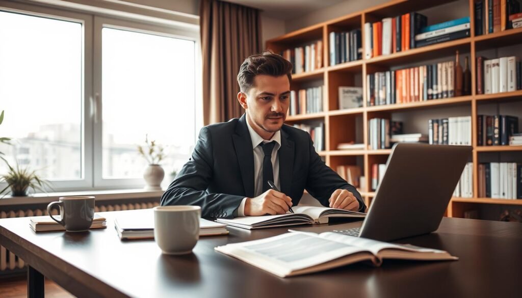 A professional workspace focused on content creation for a commercial website, showcasing a sleek, modern desk with a laptop, open notebooks, and a stylish coffee cup. In the foreground, a well-dressed individual in business attire is engaged in writing, their expression focused and dedicated. The middle ground features a large window letting in natural light, casting soft shadows on the desk, enhancing the inviting atmosphere. Bookshelves lined with marketing and blogging books create a sense of expertise in the background. The warm, neutral tones of the room evoke trust and professionalism, ideal for illustrating the importance of blogging and content management in building an online presence. The composition captures a blend of creativity and professionalism, perfect for a business-centric article. A professional workspace focused on content creation for a commercial website, showcasing a sleek, modern desk with a laptop, open notebooks, and a stylish coffee cup. In the foreground, a well-dressed individual in business attire is engaged in writing, their expression focused and dedicated. The middle ground features a large window letting in natural light, casting soft shadows on the desk, enhancing the inviting atmosphere. Bookshelves lined with marketing and blogging books create a sense of expertise in the background. The warm, neutral tones of the room evoke trust and professionalism, ideal for illustrating the importance of blogging and content management in building an online presence. The composition captures a blend of creativity and professionalism, perfect for a business-centric article.
