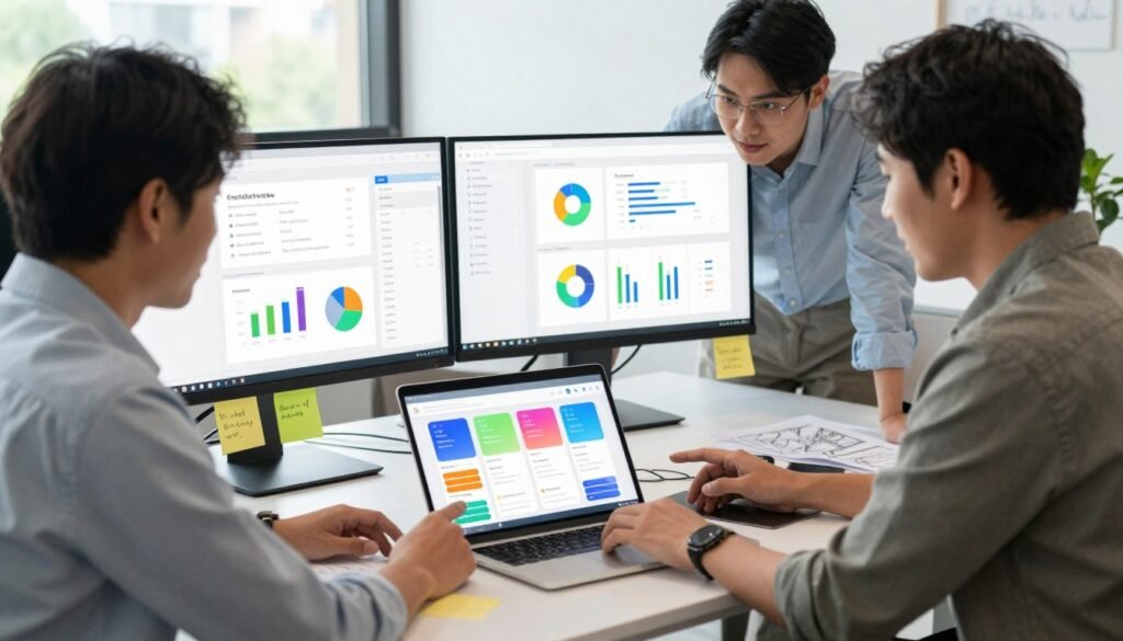 A professional workspace scene depicting a visual designer and a data manager collaborating on the Bubble platform. In the foreground, a designer, dressed in smart casual attire, analyzes an array of colorful UI mockups on a sleek laptop. In the middle, a data manager, wearing professional business attire, reviews organized data charts and flows on a large monitor. Both figures are engaged in discussion, surrounded by design tools like sticky notes and sketches. The background features a modern office environment with large windows, allowing natural light to fill the space, enhancing the atmosphere of collaboration and creativity. The composition should have a friendly and innovative mood, with a well-composed layout that captures the essence of teamwork in app development without any text or distractions. A professional workspace scene depicting a visual designer and a data manager collaborating on the Bubble platform. In the foreground, a designer, dressed in smart casual attire, analyzes an array of colorful UI mockups on a sleek laptop. In the middle, a data manager, wearing professional business attire, reviews organized data charts and flows on a large monitor. Both figures are engaged in discussion, surrounded by design tools like sticky notes and sketches. The background features a modern office environment with large windows, allowing natural light to fill the space, enhancing the atmosphere of collaboration and creativity. The composition should have a friendly and innovative mood, with a well-composed layout that captures the essence of teamwork in app development without any text or distractions.