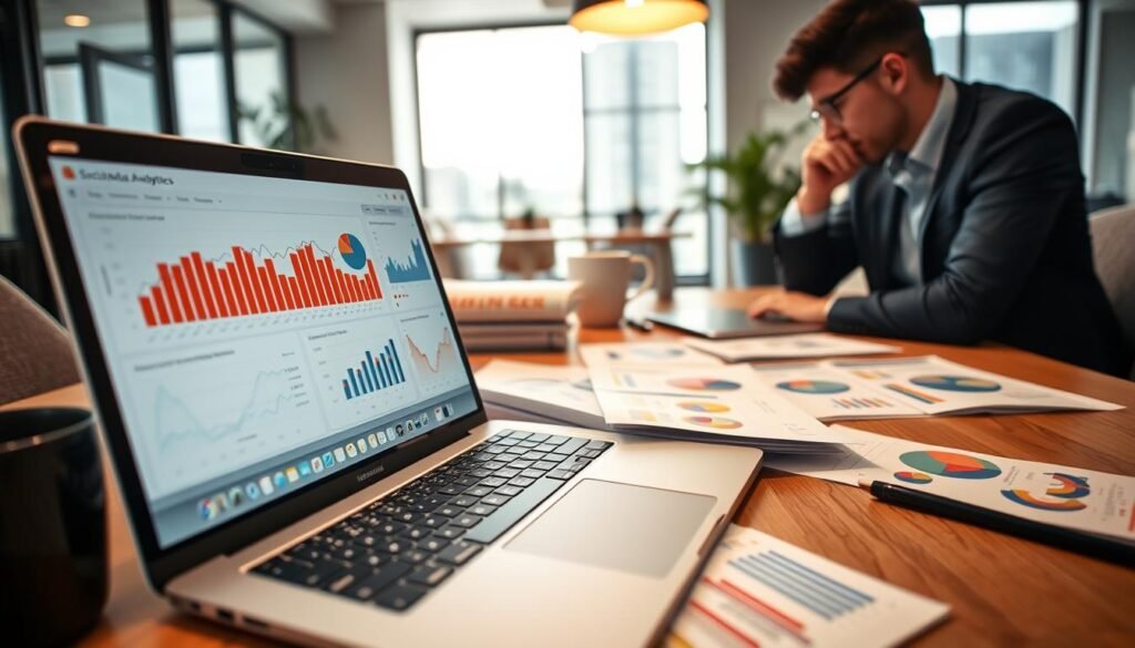 A professional workspace showcasing a detailed social media analytics report on a sleek laptop screen. In the foreground, display an open laptop with vibrant graphs, charts, and metrics reflecting social media engagement and performance. Include a person in smart casual attire, deeply focused while analyzing the data. In the middle ground, arrange neatly organized reports and colorful infographic sheets scattered around, illustrating various KPIs. In the background, a modern office setting with soft natural lighting filtering through large windows creates an inviting atmosphere. Use a shallow depth of field to emphasize the laptop and the person, while keeping the background slightly blurred, enhancing the focus on data analysis and decision-making. The overall mood should convey professionalism, engagement, and insight into metrics-driven decision-making. A professional workspace showcasing a detailed social media analytics report on a sleek laptop screen. In the foreground, display an open laptop with vibrant graphs, charts, and metrics reflecting social media engagement and performance. Include a person in smart casual attire, deeply focused while analyzing the data. In the middle ground, arrange neatly organized reports and colorful infographic sheets scattered around, illustrating various KPIs. In the background, a modern office setting with soft natural lighting filtering through large windows creates an inviting atmosphere. Use a shallow depth of field to emphasize the laptop and the person, while keeping the background slightly blurred, enhancing the focus on data analysis and decision-making. The overall mood should convey professionalism, engagement, and insight into metrics-driven decision-making.