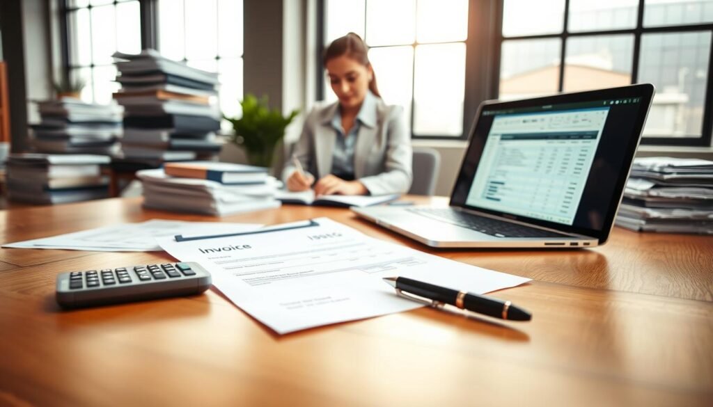 A professional workspace showcasing an invoicing scene. In the foreground, a clean wooden desk with a neatly organized invoice document, a calculator, and a stylish pen. A laptop open with a visible spreadsheet. In the middle, a businesswoman in professional attire, focused on entering data into the laptop, surrounded by stacks of papers and files. The background features a modern office with large windows letting in natural light, casting soft shadows. Warm color tones create an inviting atmosphere, emphasizing productivity and efficiency. The composition highlights the theme of business management from order to payment collection. A professional workspace showcasing an invoicing scene. In the foreground, a clean wooden desk with a neatly organized invoice document, a calculator, and a stylish pen. A laptop open with a visible spreadsheet. In the middle, a businesswoman in professional attire, focused on entering data into the laptop, surrounded by stacks of papers and files. The background features a modern office with large windows letting in natural light, casting soft shadows. Warm color tones create an inviting atmosphere, emphasizing productivity and efficiency. The composition highlights the theme of business management from order to payment collection.
