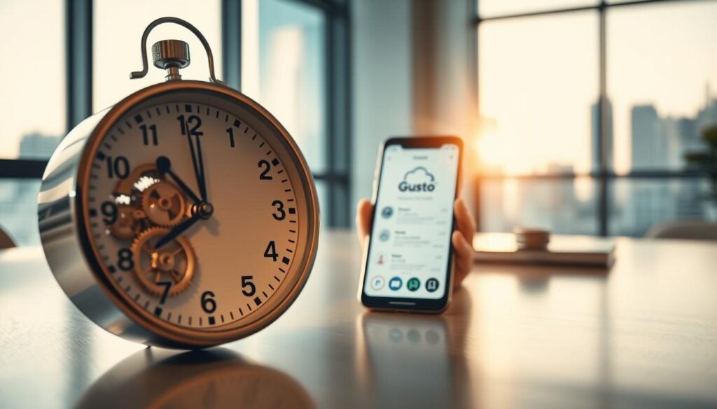 A serene and dynamic representation of "time," featuring a close-up of a sleek, modern clock with intricate gears visible behind a transparent casing in the foreground. The middle ground showcases a blurred smartphone displaying a user-friendly payroll application interface, symbolizing the Gusto mobile app, illuminated by soft, natural light. In the background, a subtle cityscape is visible through a large window, capturing the essence of modern work life. The overall mood is calm yet productive, with warm lighting streaming in, indicating a new day. Enhance the image with a slight depth of field to emphasize the clock and smartphone, creating a sense of focus on time management and technology in a business context. A serene and dynamic representation of "time," featuring a close-up of a sleek, modern clock with intricate gears visible behind a transparent casing in the foreground. The middle ground showcases a blurred smartphone displaying a user-friendly payroll application interface, symbolizing the Gusto mobile app, illuminated by soft, natural light. In the background, a subtle cityscape is visible through a large window, capturing the essence of modern work life. The overall mood is calm yet productive, with warm lighting streaming in, indicating a new day. Enhance the image with a slight depth of field to emphasize the clock and smartphone, creating a sense of focus on time management and technology in a business context.