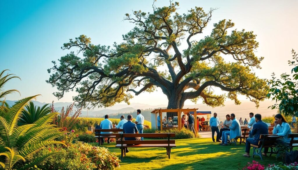 A serene and inviting knowledge garden in the foreground, featuring lush greenery like ferns and flowering plants, each representing various fields of knowledge. In the center, a majestic old tree with sprawling branches symbolizes the growth and nurturing of ideas, while wooden benches invite contemplation. In the middle ground, a tranquil knowledge market bustles softly with diverse, modestly dressed professionals engaging in animated discussions over books and digital devices, sharing insights and collaborating. The background reveals soft hills under a clear blue sky, bathed in warm, golden sunlight that casts gentle shadows, creating an uplifting and inspiring atmosphere. The image should evoke a sense of harmony, wisdom, and the importance of sharing knowledge in personal and professional growth. A serene and inviting knowledge garden in the foreground, featuring lush greenery like ferns and flowering plants, each representing various fields of knowledge. In the center, a majestic old tree with sprawling branches symbolizes the growth and nurturing of ideas, while wooden benches invite contemplation. In the middle ground, a tranquil knowledge market bustles softly with diverse, modestly dressed professionals engaging in animated discussions over books and digital devices, sharing insights and collaborating. The background reveals soft hills under a clear blue sky, bathed in warm, golden sunlight that casts gentle shadows, creating an uplifting and inspiring atmosphere. The image should evoke a sense of harmony, wisdom, and the importance of sharing knowledge in personal and professional growth.