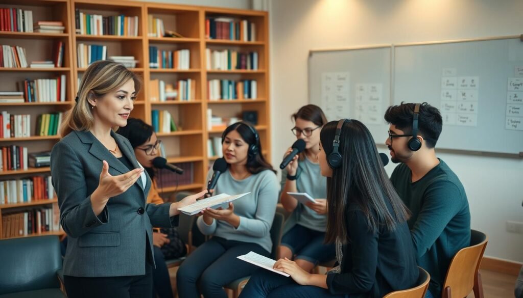 A serene and inviting study environment showcasing a diverse group of students engaging in an interactive English pronunciation lesson. In the foreground, a confident female instructor, dressed in professional business attire, demonstrates pronunciation techniques while using visual aids. In the middle, students of various backgrounds practice speaking, some using microphones and headphones, fully immersed in the lesson. The background features bookshelves filled with educational materials, a whiteboard with pronunciation charts, and soft, warm lighting to create a cozy atmosphere. Capture the essence of focus, collaboration, and improvement, emphasizing the learning process in a modern, well-lit classroom. Use a slightly overhead angle to provide a comprehensive view of the interactions and tools. A serene and inviting study environment showcasing a diverse group of students engaging in an interactive English pronunciation lesson. In the foreground, a confident female instructor, dressed in professional business attire, demonstrates pronunciation techniques while using visual aids. In the middle, students of various backgrounds practice speaking, some using microphones and headphones, fully immersed in the lesson. The background features bookshelves filled with educational materials, a whiteboard with pronunciation charts, and soft, warm lighting to create a cozy atmosphere. Capture the essence of focus, collaboration, and improvement, emphasizing the learning process in a modern, well-lit classroom. Use a slightly overhead angle to provide a comprehensive view of the interactions and tools.