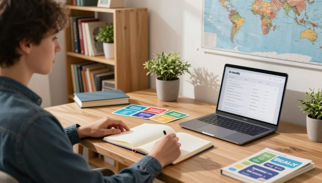 A serene and inviting study space dedicated to language learning, featuring a stylish wooden desk with open notebooks, colorful language flashcards, and a laptop displaying the Mondly interface. In the foreground, a person dressed in smart casual attire is engaging with the materials, looking focused and inspired. In the middle, a cozy chair and a bookshelf filled with multilingual books, plants, and a world map highlight cultural diversity. Soft, natural light filters through a window, casting gentle shadows that create a warm, motivating atmosphere. The background features a peaceful setting, perhaps a hint of a bustling cityscape outside, symbolizing global connections and opportunities for language practice. The overall mood should be one of determination, inspiration, and productivity. A serene and inviting study space dedicated to language learning, featuring a stylish wooden desk with open notebooks, colorful language flashcards, and a laptop displaying the Mondly interface. In the foreground, a person dressed in smart casual attire is engaging with the materials, looking focused and inspired. In the middle, a cozy chair and a bookshelf filled with multilingual books, plants, and a world map highlight cultural diversity. Soft, natural light filters through a window, casting gentle shadows that create a warm, motivating atmosphere. The background features a peaceful setting, perhaps a hint of a bustling cityscape outside, symbolizing global connections and opportunities for language practice. The overall mood should be one of determination, inspiration, and productivity.