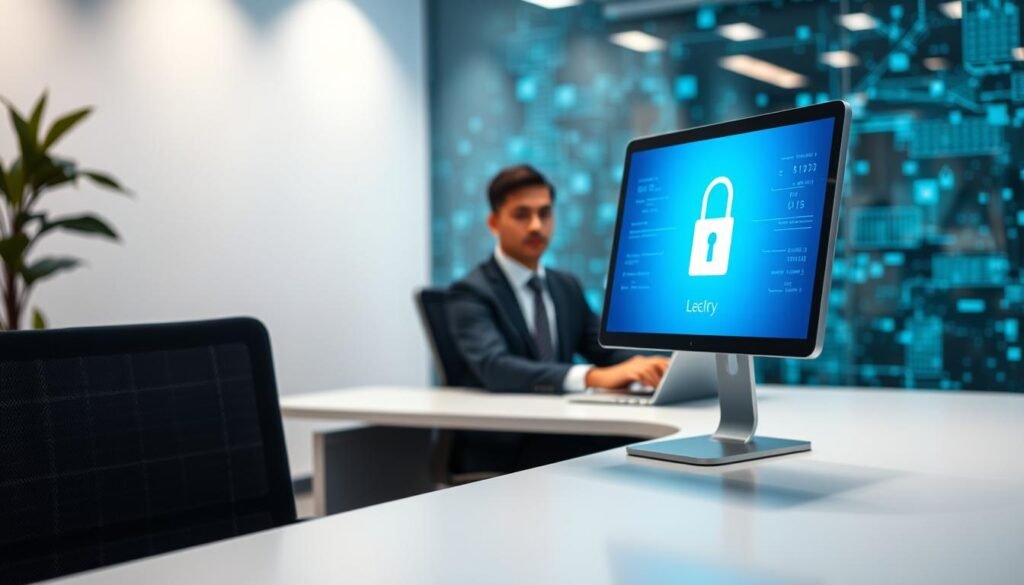 A serene and professional office environment illustrating privacy and security in the digital age. In the foreground, a computer screen displays a secure login interface, radiating a soft blue glow to symbolize safety. On the middle ground, a person in professional attire sits at a sleek desk, attentively using the laptop. Their expression conveys focus and trustworthiness. In the background, a blurred abstract representation of digital data flows, emphasizing the concept of secure information in cyberspace. Soft, ambient lighting casts gentle shadows, enhancing the serene atmosphere. The angle is slightly elevated, providing a clear view of the entire scene while maintaining a sense of privacy. The overall mood is calm and reassuring, ideal for highlighting the importance of protecting personal information. A serene and professional office environment illustrating privacy and security in the digital age. In the foreground, a computer screen displays a secure login interface, radiating a soft blue glow to symbolize safety. On the middle ground, a person in professional attire sits at a sleek desk, attentively using the laptop. Their expression conveys focus and trustworthiness. In the background, a blurred abstract representation of digital data flows, emphasizing the concept of secure information in cyberspace. Soft, ambient lighting casts gentle shadows, enhancing the serene atmosphere. The angle is slightly elevated, providing a clear view of the entire scene while maintaining a sense of privacy. The overall mood is calm and reassuring, ideal for highlighting the importance of protecting personal information.