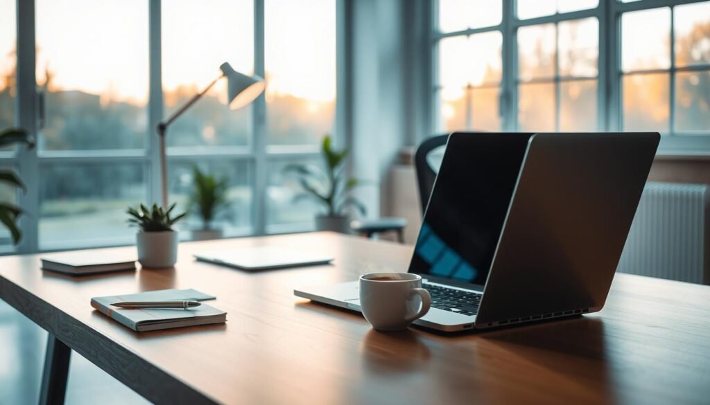A serene, focused workspace designed to evoke concentration and productivity. In the foreground, a modern desk with a sleek laptop open, surrounded by minimalist stationery and a steaming cup of coffee, emphasizing the "focus time" concept. The middle ground includes a comfortable ergonomic chair, a softly glowing desk lamp, and a small plant, adding a touch of nature. In the background, large windows let in warm, natural light, casting gentle shadows, creating an inviting atmosphere. The color palette features calming blues and greens, enhancing the mood of tranquility and concentration. The scene is captured from a slightly elevated angle to provide depth, highlighting the organized clutter of ideas and tasks in this productive sanctuary. A serene, focused workspace designed to evoke concentration and productivity. In the foreground, a modern desk with a sleek laptop open, surrounded by minimalist stationery and a steaming cup of coffee, emphasizing the "focus time" concept. The middle ground includes a comfortable ergonomic chair, a softly glowing desk lamp, and a small plant, adding a touch of nature. In the background, large windows let in warm, natural light, casting gentle shadows, creating an inviting atmosphere. The color palette features calming blues and greens, enhancing the mood of tranquility and concentration. The scene is captured from a slightly elevated angle to provide depth, highlighting the organized clutter of ideas and tasks in this productive sanctuary.