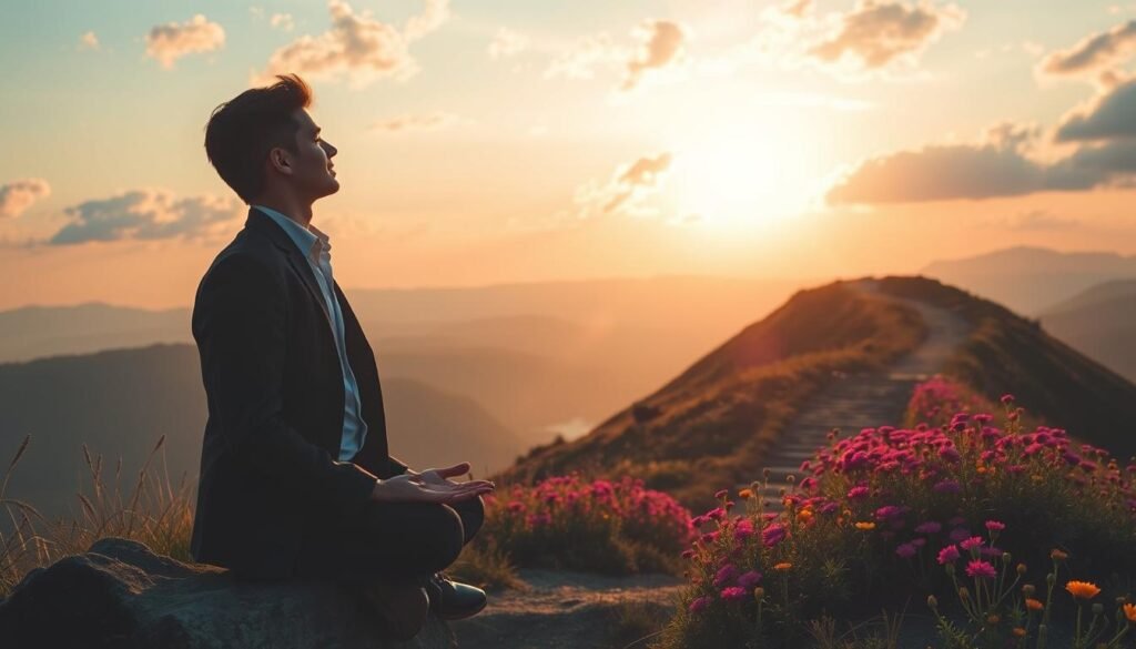 A serene landscape depicting personal growth: in the foreground, a young professional in smart casual attire, deeply engaged in meditation on a sunlit hilltop, embodying reflection and aspiration. In the middle ground, a winding path leading upwards, lined with vibrant wildflowers, representing the journey of self-discovery. The background features a majestic sunrise, casting warm golden hues across the sky and illuminating distant mountains, symbolizing hope and new beginnings. Soft, ethereal light filters through scattered clouds, creating a tranquil and inspiring atmosphere that encourages growth. The scene conveys calmness and motivation, inviting viewers to envision their potential path to success through personal development. A serene landscape depicting personal growth: in the foreground, a young professional in smart casual attire, deeply engaged in meditation on a sunlit hilltop, embodying reflection and aspiration. In the middle ground, a winding path leading upwards, lined with vibrant wildflowers, representing the journey of self-discovery. The background features a majestic sunrise, casting warm golden hues across the sky and illuminating distant mountains, symbolizing hope and new beginnings. Soft, ethereal light filters through scattered clouds, creating a tranquil and inspiring atmosphere that encourages growth. The scene conveys calmness and motivation, inviting viewers to envision their potential path to success through personal development.