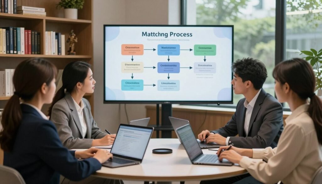 A serene office space depicting the therapist matching process. In the foreground, a diverse group of professional, well-dressed individuals (men and women) are seated around a round table, reviewing profiles on laptops and discussing their options openly. The middle ground features a large screen displaying a flowchart of the matching process, showcasing various therapist specialties and client needs. The background shows bookshelves filled with psychology and self-help books, and a calming window view of greenery outside. Soft, warm lighting creates an inviting atmosphere, with a side-angle view to highlight the engagement among the individuals. The overall mood is one of collaboration and hope, emphasizing the importance of finding the right therapist for mental well-being. A serene office space depicting the therapist matching process. In the foreground, a diverse group of professional, well-dressed individuals (men and women) are seated around a round table, reviewing profiles on laptops and discussing their options openly. The middle ground features a large screen displaying a flowchart of the matching process, showcasing various therapist specialties and client needs. The background shows bookshelves filled with psychology and self-help books, and a calming window view of greenery outside. Soft, warm lighting creates an inviting atmosphere, with a side-angle view to highlight the engagement among the individuals. The overall mood is one of collaboration and hope, emphasizing the importance of finding the right therapist for mental well-being.