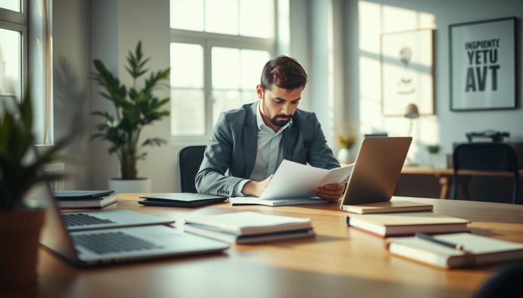 A serene workspace exuding focus and productivity, showcasing a neatly organized desk with a laptop, notebooks, and a potted plant. In the foreground, emphasize soft, natural lighting filtering through a large window, casting gentle shadows on the desk. In the middle ground, place a professional individual in smart casual attire, deeply engrossed in their work, embodying concentration and determination. The background features a calming, minimalist office environment with muted colors and inspiring artwork on the walls, enhancing the mood of deep work and focus. The composition is captured with a shallow depth of field, creating a soft blur in the background, drawing attention to the subject’s intense focus and the organized workspace atmosphere. A serene workspace exuding focus and productivity, showcasing a neatly organized desk with a laptop, notebooks, and a potted plant. In the foreground, emphasize soft, natural lighting filtering through a large window, casting gentle shadows on the desk. In the middle ground, place a professional individual in smart casual attire, deeply engrossed in their work, embodying concentration and determination. The background features a calming, minimalist office environment with muted colors and inspiring artwork on the walls, enhancing the mood of deep work and focus. The composition is captured with a shallow depth of field, creating a soft blur in the background, drawing attention to the subject’s intense focus and the organized workspace atmosphere.