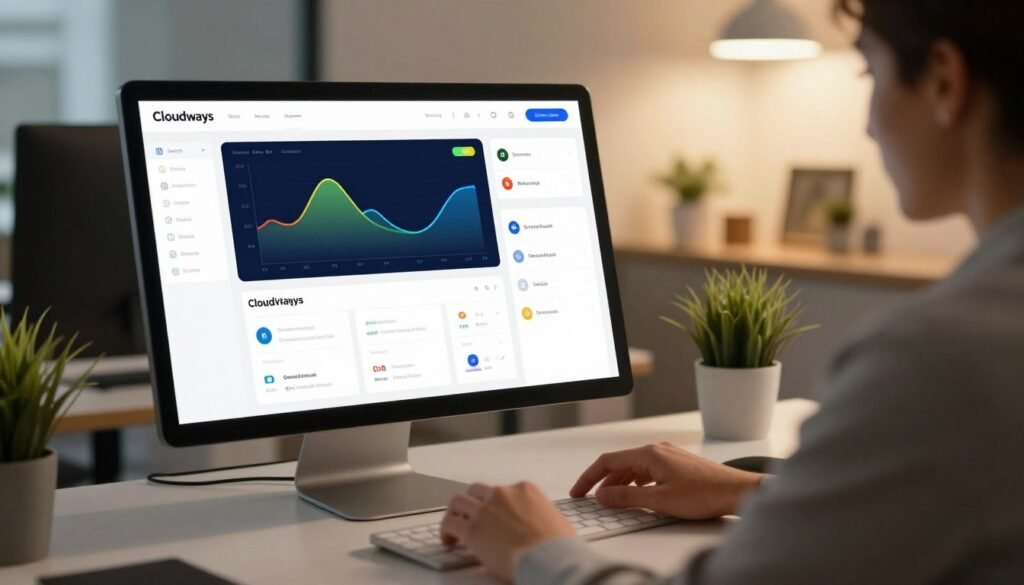 A sleek and modern Cloudways dashboard displayed on a high-resolution computer screen. In the foreground, a person in professional business attire is intently navigating the user-friendly interface with a look of concentration. The dashboard showcases colorful graphs, performance metrics, and various options for managing cloud hosting services, all arranged in an intuitive layout. In the middle ground, a stylish workspace featuring a clean desk with minimalistic design elements, a potted plant, and soft ambient lighting creates a welcoming atmosphere. The background reveals a softly blurred office environment with modern décor, enhancing a sense of technology and professionalism. The overall mood is one of ease and efficiency, highlighting the simplicity of the Cloudways dashboard for users. The lighting is warm and inviting, emphasizing the usability of the platform. A sleek and modern Cloudways dashboard displayed on a high-resolution computer screen. In the foreground, a person in professional business attire is intently navigating the user-friendly interface with a look of concentration. The dashboard showcases colorful graphs, performance metrics, and various options for managing cloud hosting services, all arranged in an intuitive layout. In the middle ground, a stylish workspace featuring a clean desk with minimalistic design elements, a potted plant, and soft ambient lighting creates a welcoming atmosphere. The background reveals a softly blurred office environment with modern décor, enhancing a sense of technology and professionalism. The overall mood is one of ease and efficiency, highlighting the simplicity of the Cloudways dashboard for users. The lighting is warm and inviting, emphasizing the usability of the platform.