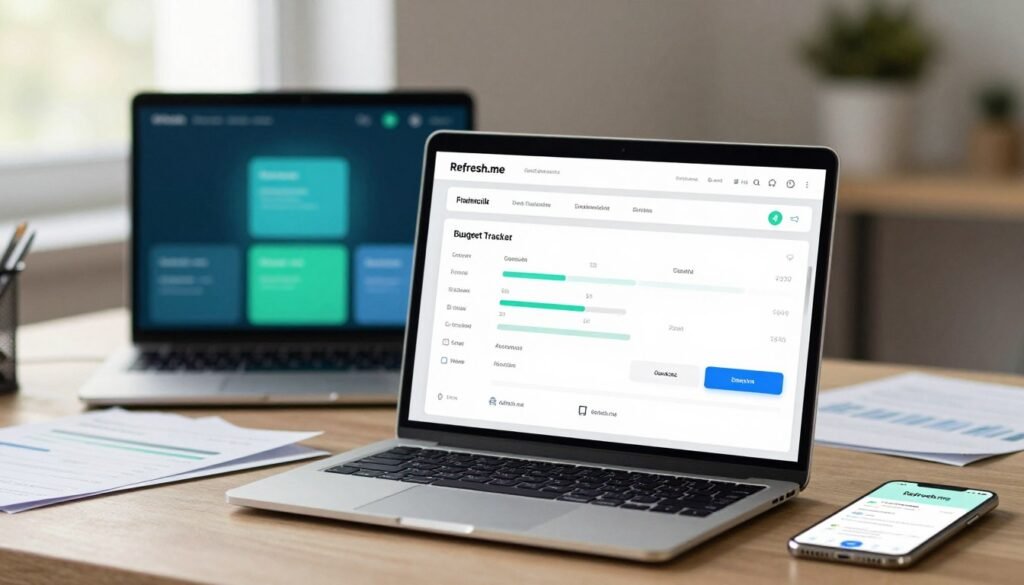 A sleek and modern account setup dashboard for Refresh.me displayed prominently in the foreground. The user interface features an organized layout with sections for financial goals, budget tracker, and account linking options, depicted in soothing shades of blue and green for a calming effect. In the middle ground, include a laptop with a glowing screen showcasing the dashboard, positioned on a minimalist wooden desk. Surrounding the laptop are financial documents and a smartphone displaying the Refresh.me app, indicating an engaging atmosphere of personal finance management. The background is softly blurred to focus on the dashboard, with ambient natural light filtering through a nearby window for an inviting workspace. The overall mood is professional and motivational, inspiring users to take their first steps towards financial clarity. A sleek and modern account setup dashboard for Refresh.me displayed prominently in the foreground. The user interface features an organized layout with sections for financial goals, budget tracker, and account linking options, depicted in soothing shades of blue and green for a calming effect. In the middle ground, include a laptop with a glowing screen showcasing the dashboard, positioned on a minimalist wooden desk. Surrounding the laptop are financial documents and a smartphone displaying the Refresh.me app, indicating an engaging atmosphere of personal finance management. The background is softly blurred to focus on the dashboard, with ambient natural light filtering through a nearby window for an inviting workspace. The overall mood is professional and motivational, inspiring users to take their first steps towards financial clarity.