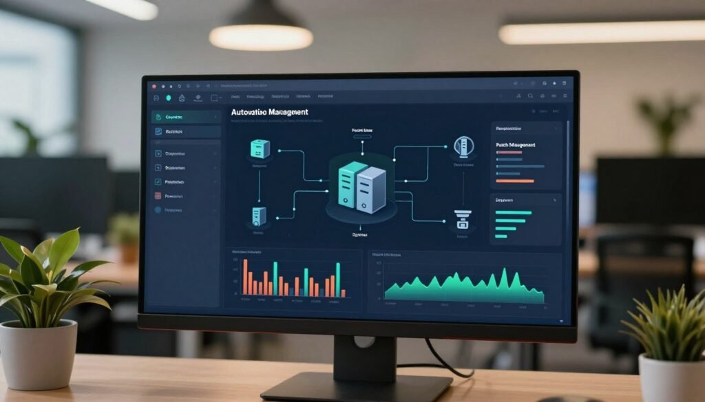 A sleek and modern automated patch management dashboard displayed on a high-resolution monitor. The foreground features a detailed user interface with colorful graphs depicting system health, patch status, and deployment timelines. In the middle, various icons represent devices being managed, including servers and endpoints, all interconnected with dynamic lines symbolizing data flow. The background is a subtle, blurred office setting filled with plants and warm lighting, creating a professional and inviting atmosphere. The image embodies a sense of efficiency and organization, with a cool color palette of blues and greens enhancing the tech-savvy theme. The scene is illuminated softly, capturing the essence of an advanced IT management tool in action. A sleek and modern automated patch management dashboard displayed on a high-resolution monitor. The foreground features a detailed user interface with colorful graphs depicting system health, patch status, and deployment timelines. In the middle, various icons represent devices being managed, including servers and endpoints, all interconnected with dynamic lines symbolizing data flow. The background is a subtle, blurred office setting filled with plants and warm lighting, creating a professional and inviting atmosphere. The image embodies a sense of efficiency and organization, with a cool color palette of blues and greens enhancing the tech-savvy theme. The scene is illuminated softly, capturing the essence of an advanced IT management tool in action.