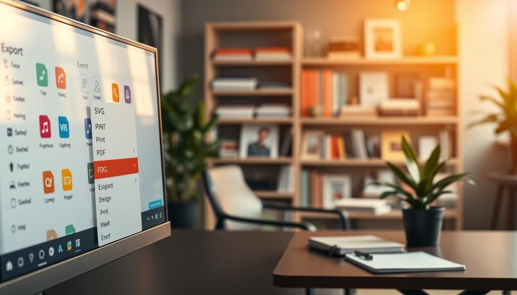 A sleek and modern digital workspace displaying various export options for graphic design software. In the foreground, an elegant computer screen showcases vibrant icons representing export formats like SVG and PDF. Include a semi-transparent dropdown menu with visual cues for printing and web usage. The middle ground features a stylish designer’s desk with design tools, a notebook, and a plant, creating a creative atmosphere. In the background, soft-focus shelves filled with design books and a color palette hint at a professional art studio setting. The lighting is warm and inviting, simulating a late afternoon glow, with a slight lens flare. Aim for a contemporary, inspiring mood that conveys professionalism and creativity in graphic design. A sleek and modern digital workspace displaying various export options for graphic design software. In the foreground, an elegant computer screen showcases vibrant icons representing export formats like SVG and PDF. Include a semi-transparent dropdown menu with visual cues for printing and web usage. The middle ground features a stylish designer’s desk with design tools, a notebook, and a plant, creating a creative atmosphere. In the background, soft-focus shelves filled with design books and a color palette hint at a professional art studio setting. The lighting is warm and inviting, simulating a late afternoon glow, with a slight lens flare. Aim for a contemporary, inspiring mood that conveys professionalism and creativity in graphic design.