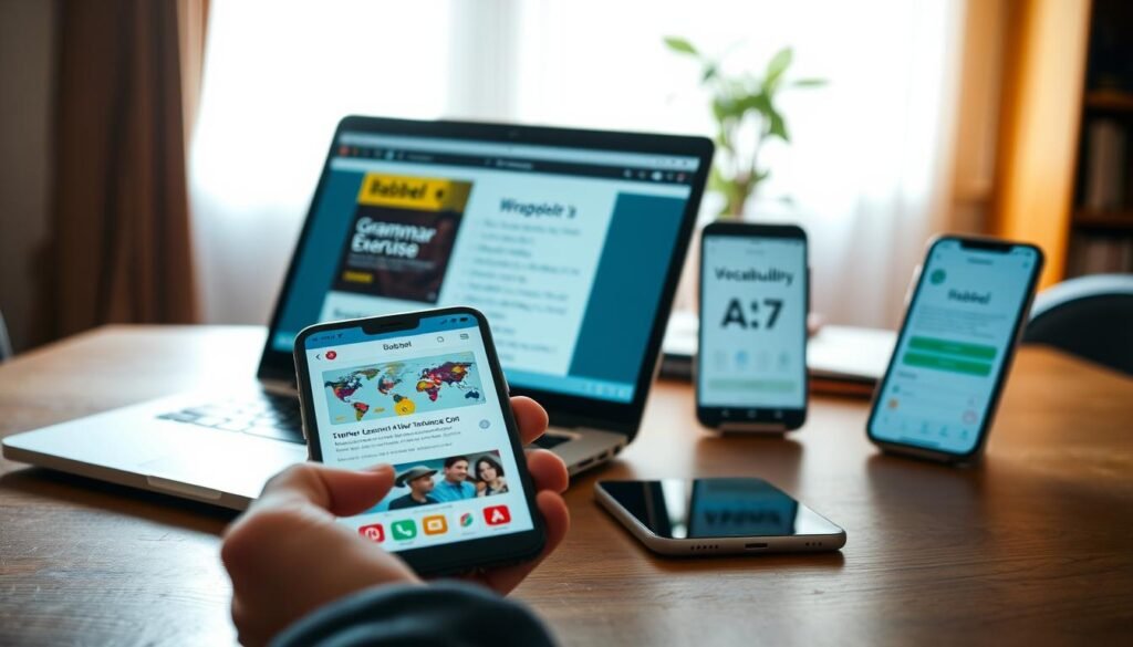 A sleek and modern interface of the Babbel app displayed on multiple devices, including a laptop, an iPhone, and an Android smartphone, arranged on a wooden table. The foreground features a close-up of a hand interacting with the app on the iPhone, showcasing a vibrant language lesson. In the middle, the laptop screen highlights a colorful grammar exercise, while the Android display shows a vocabulary quiz, all set against a softly blurred background of a cozy, well-lit study environment that exudes an inviting and educational atmosphere. Natural light streams through a window, casting a warm glow over the scene, emphasizing the usability and accessibility of the Babbel app on web, iOS, and Android platforms. The mood is inspiring and motivating, encouraging a sense of learning and exploration. A sleek and modern interface of the Babbel app displayed on multiple devices, including a laptop, an iPhone, and an Android smartphone, arranged on a wooden table. The foreground features a close-up of a hand interacting with the app on the iPhone, showcasing a vibrant language lesson. In the middle, the laptop screen highlights a colorful grammar exercise, while the Android display shows a vocabulary quiz, all set against a softly blurred background of a cozy, well-lit study environment that exudes an inviting and educational atmosphere. Natural light streams through a window, casting a warm glow over the scene, emphasizing the usability and accessibility of the Babbel app on web, iOS, and Android platforms. The mood is inspiring and motivating, encouraging a sense of learning and exploration.