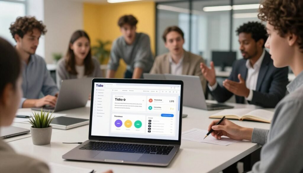 A sleek and modern workspace showcasing Tidio's key features and capabilities for e-commerce. In the foreground, a stylish laptop displays the Tidio interface with live chat and automation tools, surrounded by important e-commerce metrics on colorful charts and graphs. The middle section features a diverse group of professionals dressed in business attire, actively engaging with the platform, discussing features with enthusiasm, symbolizing teamwork and innovation. In the background, a vibrant office environment with soft lighting creates a dynamic atmosphere that suggests productivity and modernity. The scene is captured from a slight high angle, adding depth and focus to the interacting team and the Tidio platform, conveying a sense of collaboration and forward-thinking. A sleek and modern workspace showcasing Tidio's key features and capabilities for e-commerce. In the foreground, a stylish laptop displays the Tidio interface with live chat and automation tools, surrounded by important e-commerce metrics on colorful charts and graphs. The middle section features a diverse group of professionals dressed in business attire, actively engaging with the platform, discussing features with enthusiasm, symbolizing teamwork and innovation. In the background, a vibrant office environment with soft lighting creates a dynamic atmosphere that suggests productivity and modernity. The scene is captured from a slight high angle, adding depth and focus to the interacting team and the Tidio platform, conveying a sense of collaboration and forward-thinking.