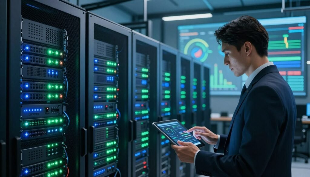 A sleek data center interior showcasing high-tech servers with illuminated status lights, emphasizing performance and reliability. In the foreground, a confident IT professional in a business suit is analyzing performance metrics on a digital tablet, representing uptime guarantee. The middle ground features rows of server racks, with green and blue LED lights glowing to symbolize speed and efficiency. The background displays large screens with speed test results and uptime graphs, projecting a sense of achievement. Bright, cool lighting bathes the scene, enhancing the modern atmosphere, while a dynamic angle captures the action, making the viewer feel the energy of innovation and technology at work. A sleek data center interior showcasing high-tech servers with illuminated status lights, emphasizing performance and reliability. In the foreground, a confident IT professional in a business suit is analyzing performance metrics on a digital tablet, representing uptime guarantee. The middle ground features rows of server racks, with green and blue LED lights glowing to symbolize speed and efficiency. The background displays large screens with speed test results and uptime graphs, projecting a sense of achievement. Bright, cool lighting bathes the scene, enhancing the modern atmosphere, while a dynamic angle captures the action, making the viewer feel the energy of innovation and technology at work.