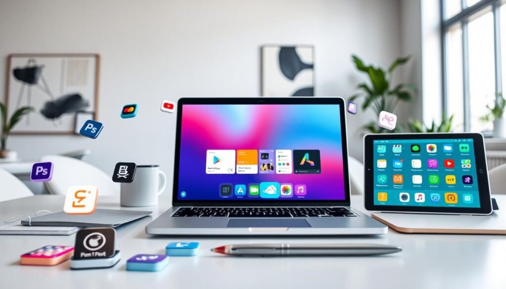 A sleek digital workspace showcasing a variety of productivity apps displayed on modern devices like a laptop and tablet. In the foreground, there's a clean desk with vibrant app icons floating around, each representing different functionalities such as writing, project management, and file organization. The middle ground features an elegant laptop screen displaying a colorful SetApp interface, surrounded by minimalist stationery like a notepad and a stylish pen. In the background, a softly lit, contemporary office atmosphere with abstract art on the walls and a large window allowing natural light to flood in. The overall mood is inspiring and focused, evoking a sense of creativity and efficiency, captured with a slight depth of field effect to draw attention to the apps. A sleek digital workspace showcasing a variety of productivity apps displayed on modern devices like a laptop and tablet. In the foreground, there's a clean desk with vibrant app icons floating around, each representing different functionalities such as writing, project management, and file organization. The middle ground features an elegant laptop screen displaying a colorful SetApp interface, surrounded by minimalist stationery like a notepad and a stylish pen. In the background, a softly lit, contemporary office atmosphere with abstract art on the walls and a large window allowing natural light to flood in. The overall mood is inspiring and focused, evoking a sense of creativity and efficiency, captured with a slight depth of field effect to draw attention to the apps.