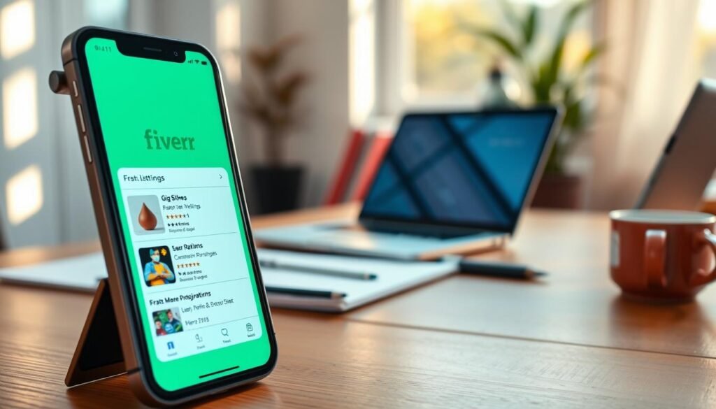 A sleek iPhone displaying the Fiverr app on its vibrant screen, positioned prominently in the foreground. The phone is angled slightly to showcase the app interface, which features gig listings and user ratings. In the middle ground, a well-organized workspace is depicted, including a modern desk with a laptop, stationery, and a coffee mug, highlighting a productive atmosphere. The background features a soft-focus view of a cozy home office, with warm natural light streaming through a window, casting gentle shadows. The overall mood is one of inspiration and efficiency, reflecting the convenience of working from anywhere and at any time. A sleek iPhone displaying the Fiverr app on its vibrant screen, positioned prominently in the foreground. The phone is angled slightly to showcase the app interface, which features gig listings and user ratings. In the middle ground, a well-organized workspace is depicted, including a modern desk with a laptop, stationery, and a coffee mug, highlighting a productive atmosphere. The background features a soft-focus view of a cozy home office, with warm natural light streaming through a window, casting gentle shadows. The overall mood is one of inspiration and efficiency, reflecting the convenience of working from anywhere and at any time.