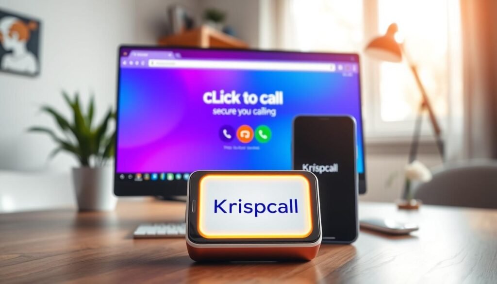 A sleek, modern computer setup featuring a vibrant Chrome browser window open to a webpage that emphasizes a "click-to-call" button, prominently displayed in a bold, eye-catching style. In the foreground, the button is graphically enhanced with a glowing effect to indicate interactivity. The middle ground includes a smartphone displaying the KrispCall logo, symbolizing connectivity and secure calls. The background is softly blurred to suggest a cozy office environment, with warm, natural lighting filtering in through a window, creating an inviting atmosphere. The focus should be sharp on the button and smartphone, capturing a sense of innovation and professional communication without any text or distractions. A sleek, modern computer setup featuring a vibrant Chrome browser window open to a webpage that emphasizes a "click-to-call" button, prominently displayed in a bold, eye-catching style. In the foreground, the button is graphically enhanced with a glowing effect to indicate interactivity. The middle ground includes a smartphone displaying the KrispCall logo, symbolizing connectivity and secure calls. The background is softly blurred to suggest a cozy office environment, with warm, natural lighting filtering in through a window, creating an inviting atmosphere. The focus should be sharp on the button and smartphone, capturing a sense of innovation and professional communication without any text or distractions.