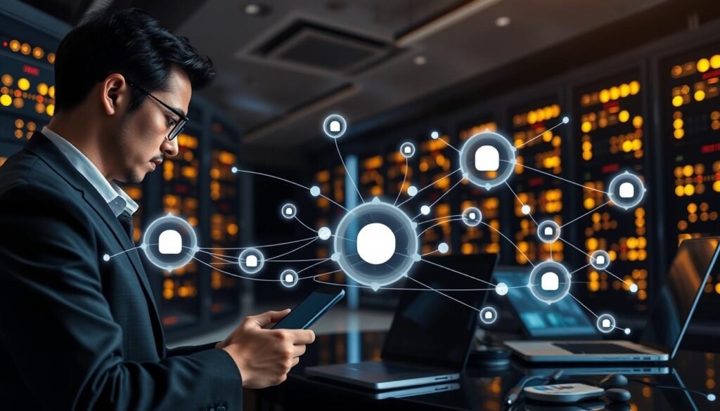 A sleek, modern digital workspace showcasing the concept of mobile proxies in action. In the foreground, a professional individual in business attire is using multiple devices—smartphones, tablets, and laptops—all connected to various virtual networks. In the middle ground, visual representations of mobile proxies and ISP proxies appear as dynamic, flowing data streams and interconnected nodes, symbolizing their functionality. The background features a high-tech server room with glowing servers, emphasizing data security and connectivity. Soft, ambient lighting casts a professional glow, creating a focused atmosphere. The angle captures a slightly elevated perspective, highlighting the technology's efficiency and sophistication. Overall, the mood is innovative and forward-thinking, reflecting a future-oriented approach to data solutions. A sleek, modern digital workspace showcasing the concept of mobile proxies in action. In the foreground, a professional individual in business attire is using multiple devices—smartphones, tablets, and laptops—all connected to various virtual networks. In the middle ground, visual representations of mobile proxies and ISP proxies appear as dynamic, flowing data streams and interconnected nodes, symbolizing their functionality. The background features a high-tech server room with glowing servers, emphasizing data security and connectivity. Soft, ambient lighting casts a professional glow, creating a focused atmosphere. The angle captures a slightly elevated perspective, highlighting the technology's efficiency and sophistication. Overall, the mood is innovative and forward-thinking, reflecting a future-oriented approach to data solutions.