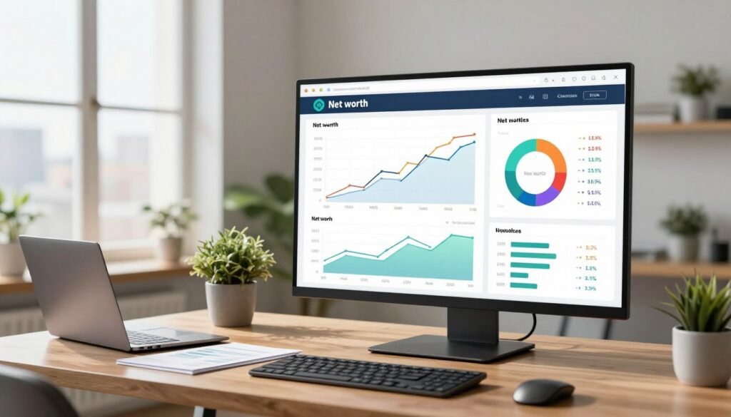 A sleek, modern net worth monitoring dashboard displayed on a large screen in a bright, airy home office. In the foreground, the dashboard features graphs and charts showing financial trends, net worth growth, and asset distribution, with vibrant colors and clean lines for clarity. The middle ground includes a stylish wooden desk with a laptop, financial documents, and a potted plant conveying a sense of organization and professionalism. The background is a softly lit room with large windows allowing natural light to pour in, showcasing a cityscape view. The atmosphere is one of focus and ambition, capturing the essence of effective personal finance management. The scene is free of any people, ensuring an emphasis on the dashboard itself without distractions. A sleek, modern net worth monitoring dashboard displayed on a large screen in a bright, airy home office. In the foreground, the dashboard features graphs and charts showing financial trends, net worth growth, and asset distribution, with vibrant colors and clean lines for clarity. The middle ground includes a stylish wooden desk with a laptop, financial documents, and a potted plant conveying a sense of organization and professionalism. The background is a softly lit room with large windows allowing natural light to pour in, showcasing a cityscape view. The atmosphere is one of focus and ambition, capturing the essence of effective personal finance management. The scene is free of any people, ensuring an emphasis on the dashboard itself without distractions.