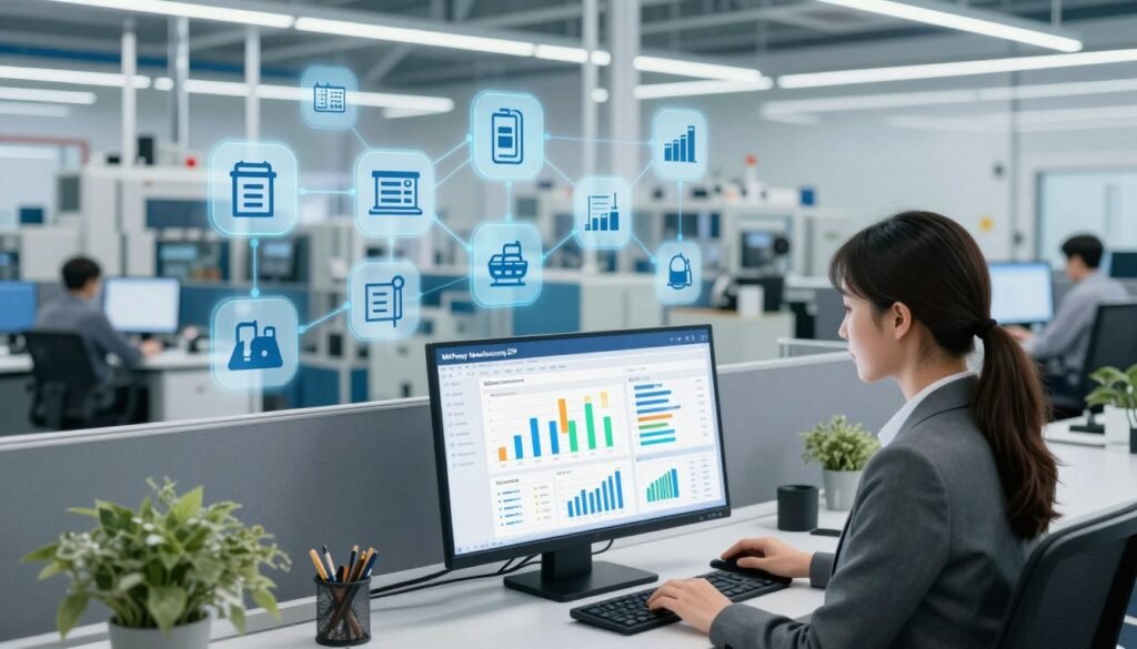 A sleek, modern office environment showcasing the core features of MRPeasy Manufacturing ERP Software. In the foreground, a professional woman in business attire is analyzing data on a large touchscreen interface displaying colorful charts and graphs. The middle layer features an array of interconnected icons symbolizing key functionalities like inventory management, production scheduling, order tracking, and analytics, all designed with a contemporary, user-friendly aesthetic. In the background, a panoramic view of a manufacturing floor can be seen, with machinery and workers collaborating seamlessly. The lighting is bright and professional, enhancing the sense of productivity and innovation, captured from a slightly elevated angle to emphasize the integration of technology and human expertise in manufacturing processes. The atmosphere is dynamic yet focused, representing efficiency and modernity in ERP solutions. A sleek, modern office environment showcasing the core features of MRPeasy Manufacturing ERP Software. In the foreground, a professional woman in business attire is analyzing data on a large touchscreen interface displaying colorful charts and graphs. The middle layer features an array of interconnected icons symbolizing key functionalities like inventory management, production scheduling, order tracking, and analytics, all designed with a contemporary, user-friendly aesthetic. In the background, a panoramic view of a manufacturing floor can be seen, with machinery and workers collaborating seamlessly. The lighting is bright and professional, enhancing the sense of productivity and innovation, captured from a slightly elevated angle to emphasize the integration of technology and human expertise in manufacturing processes. The atmosphere is dynamic yet focused, representing efficiency and modernity in ERP solutions.