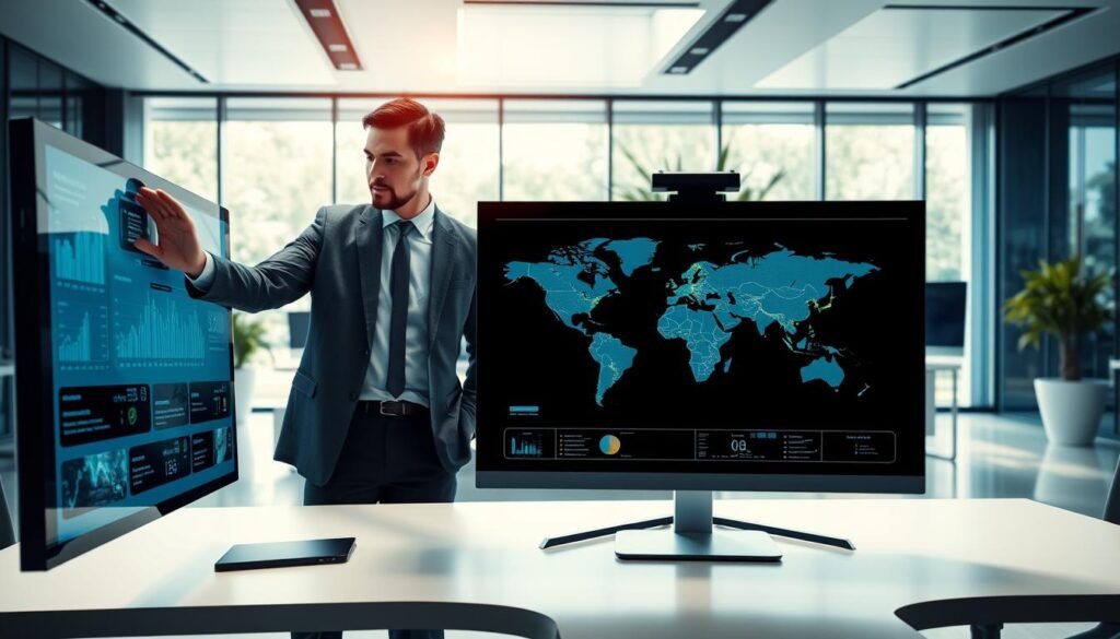 A sleek, modern office environment with a focus on a detailed digital interface showcasing various residential proxy networks. In the foreground, a professional individual in smart casual attire is interacting with a large touchscreen display, analyzing data stats and network maps. The middle ground features a futuristic desk with multiple monitors showing a world map dotted with location pins representing proxy points. The background should depict a minimalist office space with glass walls, soft natural light filtering in, and greenery that adds a touch of nature. The atmosphere is dynamic, emphasizing precision and technological advancement, with a cool color palette of blues and greens. A sleek, modern office environment with a focus on a detailed digital interface showcasing various residential proxy networks. In the foreground, a professional individual in smart casual attire is interacting with a large touchscreen display, analyzing data stats and network maps. The middle ground features a futuristic desk with multiple monitors showing a world map dotted with location pins representing proxy points. The background should depict a minimalist office space with glass walls, soft natural light filtering in, and greenery that adds a touch of nature. The atmosphere is dynamic, emphasizing precision and technological advancement, with a cool color palette of blues and greens.