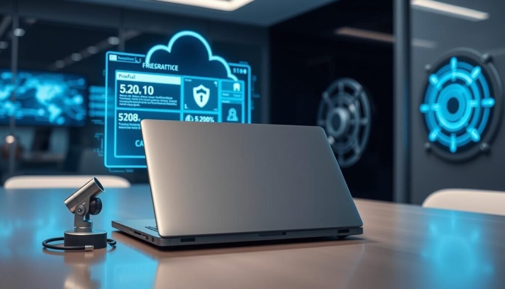 A sleek, modern office environment with a focus on security features. In the foreground, a polished desk with a closed laptop secured with a high-tech lock and a small, illuminated security camera. The middle showcases a transparent firewall interface projected in the air, displaying cybersecurity statistics and monitoring alerts. Soft blue light emits from the screens, creating a high-tech atmosphere. In the background, a digital vault door symbolizes data protection, with an emphasis on cloud computing elements like swirling clouds and glowing network connections. Use a shallow depth of field to highlight the foreground while keeping the background slightly blurred. The mood is serious yet optimistic, portraying a secure and compliant business environment. A sleek, modern office environment with a focus on security features. In the foreground, a polished desk with a closed laptop secured with a high-tech lock and a small, illuminated security camera. The middle showcases a transparent firewall interface projected in the air, displaying cybersecurity statistics and monitoring alerts. Soft blue light emits from the screens, creating a high-tech atmosphere. In the background, a digital vault door symbolizes data protection, with an emphasis on cloud computing elements like swirling clouds and glowing network connections. Use a shallow depth of field to highlight the foreground while keeping the background slightly blurred. The mood is serious yet optimistic, portraying a secure and compliant business environment.