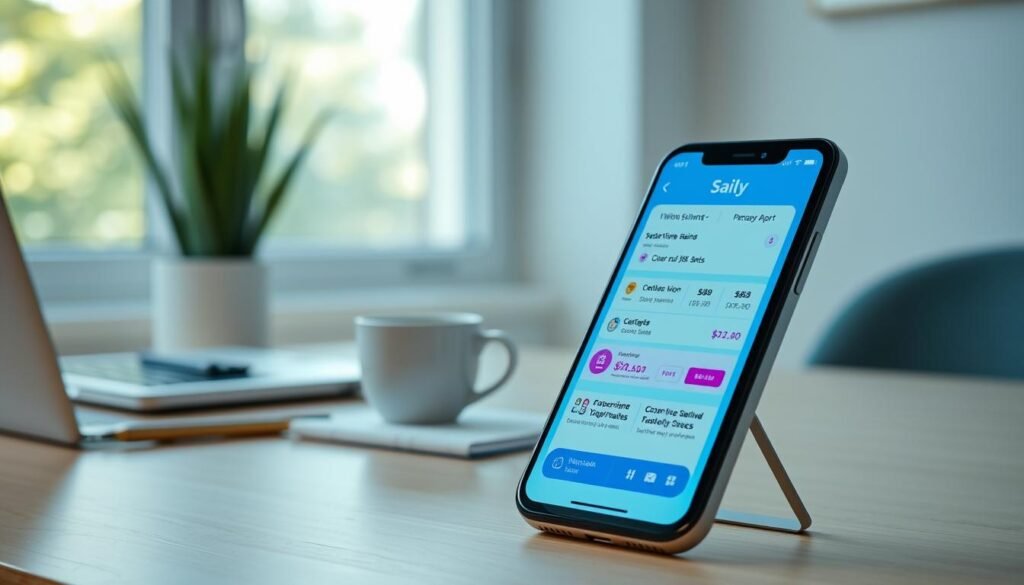 A sleek, modern smartphone displaying the Saily app interface on its screen, set against a minimalistic home office background. In the foreground, the phone is tilted at an angle, showcasing vibrant app features such as subscription plans and a user-friendly purchase process. The middle layer includes a laptop, coffee cup, and a notepad, hinting at a productive workspace. Soft, natural lighting filters in through a nearby window, creating a welcoming atmosphere. The overall mood is one of efficiency and convenience, illustrating the ease of use of the Saily app. The angle highlights the practicality of managing subscriptions directly from the device, embedded in a lifestyle context. No text or distractions, just a focus on the application’s functionality. A sleek, modern smartphone displaying the Saily app interface on its screen, set against a minimalistic home office background. In the foreground, the phone is tilted at an angle, showcasing vibrant app features such as subscription plans and a user-friendly purchase process. The middle layer includes a laptop, coffee cup, and a notepad, hinting at a productive workspace. Soft, natural lighting filters in through a nearby window, creating a welcoming atmosphere. The overall mood is one of efficiency and convenience, illustrating the ease of use of the Saily app. The angle highlights the practicality of managing subscriptions directly from the device, embedded in a lifestyle context. No text or distractions, just a focus on the application’s functionality.
