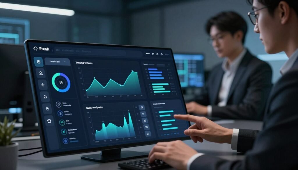 A sleek, modern user experience control panel displayed prominently in the foreground, featuring intuitive navigation buttons, vibrant graphs, and user-friendly widgets. The panel is set on a dark-themed interface, illuminated by soft, ambient lighting that highlights the polished icons and dynamic elements. In the middle ground, a professional user in business attire is engaged with the control panel, their focused expression conveying the ease of use and efficiency of the interface. The background incorporates a subtle digital workspace, suggesting a tech-savvy environment with faint outlines of servers and computer monitors, blending seamlessly with the overall design. The atmosphere is sophisticated and innovative, emphasizing the seamless integration of technology and user experience in web hosting solutions. A sleek, modern user experience control panel displayed prominently in the foreground, featuring intuitive navigation buttons, vibrant graphs, and user-friendly widgets. The panel is set on a dark-themed interface, illuminated by soft, ambient lighting that highlights the polished icons and dynamic elements. In the middle ground, a professional user in business attire is engaged with the control panel, their focused expression conveying the ease of use and efficiency of the interface. The background incorporates a subtle digital workspace, suggesting a tech-savvy environment with faint outlines of servers and computer monitors, blending seamlessly with the overall design. The atmosphere is sophisticated and innovative, emphasizing the seamless integration of technology and user experience in web hosting solutions.