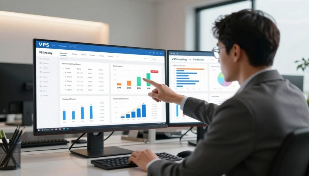 A sleek, modern workspace featuring a large screen displaying a variety of VPS hosting plans. In the foreground, a professional-looking individual in business attire is analyzing data on the screen, pointing to different pricing tiers. In the middle ground, neatly arranged charts and graphics illustrate resource allocations, upgrade options, and performance metrics. The background showcases a minimalist office with soft lighting coming from a large window, creating a warm and inviting atmosphere. The scene captures a sense of focus and productivity, emphasizing the idea of scaling up resources effectively. The image should be well-composed, utilizing a soft depth of field for clarity, and a slight angle that enhances the dynamic feel of the workspace. A sleek, modern workspace featuring a large screen displaying a variety of VPS hosting plans. In the foreground, a professional-looking individual in business attire is analyzing data on the screen, pointing to different pricing tiers. In the middle ground, neatly arranged charts and graphics illustrate resource allocations, upgrade options, and performance metrics. The background showcases a minimalist office with soft lighting coming from a large window, creating a warm and inviting atmosphere. The scene captures a sense of focus and productivity, emphasizing the idea of scaling up resources effectively. The image should be well-composed, utilizing a soft depth of field for clarity, and a slight angle that enhances the dynamic feel of the workspace.