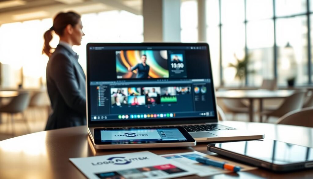 A sleek, modern workspace featuring an elegant laptop displaying a vibrant video playback interface on the screen. In the foreground, a creative professional with business attire is intently focused on editing video content. The middle ground showcases various marketing tools like a logo design on a tablet and social media graphics scattered on a stylish desk. The background is softly blurred, revealing a contemporary office environment with bright, natural lighting streaming in through large windows, enhancing the energetic atmosphere. The scene captures a sense of creativity, professionalism, and dynamic productivity, embodying the essence of integrated marketing tools. A sleek, modern workspace featuring an elegant laptop displaying a vibrant video playback interface on the screen. In the foreground, a creative professional with business attire is intently focused on editing video content. The middle ground showcases various marketing tools like a logo design on a tablet and social media graphics scattered on a stylish desk. The background is softly blurred, revealing a contemporary office environment with bright, natural lighting streaming in through large windows, enhancing the energetic atmosphere. The scene captures a sense of creativity, professionalism, and dynamic productivity, embodying the essence of integrated marketing tools.
