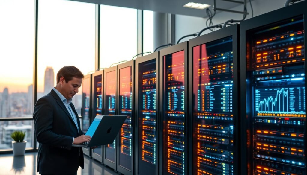 A sleek, modern workspace featuring multiple high-powered server units representing VPS hosting. In the foreground, a professional in business attire is focused on a laptop, displaying data analytics and graphs on the screen. The middle ground includes several illuminated server racks, showcasing various blinking lights and cooling systems, symbolizing robust performance and reliability. In the background, a large window reveals a city skyline at dusk, with soft, warm lighting casting a professional yet inviting atmosphere. The scene is well-lit with a combination of natural and warm artificial light, creating an engaging and tech-savvy mood, emphasizing control and capacity for handling large web traffic. The lens captures a dynamic angle, drawing attention to the intricate details of the servers and the engaged professional. A sleek, modern workspace featuring multiple high-powered server units representing VPS hosting. In the foreground, a professional in business attire is focused on a laptop, displaying data analytics and graphs on the screen. The middle ground includes several illuminated server racks, showcasing various blinking lights and cooling systems, symbolizing robust performance and reliability. In the background, a large window reveals a city skyline at dusk, with soft, warm lighting casting a professional yet inviting atmosphere. The scene is well-lit with a combination of natural and warm artificial light, creating an engaging and tech-savvy mood, emphasizing control and capacity for handling large web traffic. The lens captures a dynamic angle, drawing attention to the intricate details of the servers and the engaged professional.