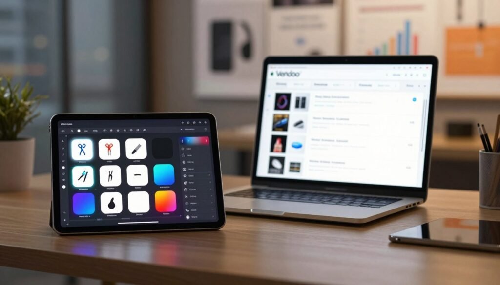 A sleek, modern workspace scene showcasing a digital device with background remover and media tools displayed on its screen. In the foreground, a tablet features a vibrant interface with clear icons of editing tools like scissors, brushes, and backgrounds being altered. The middle ground includes a polished desk with an open laptop displaying Vendoo’s features, under warm ambient lighting that creates a professional atmosphere. Subtle reflections from a nearby window indicate a bustling cityscape outside. The background should consist of blurred images of product thumbnails and sales graphs, suggesting dynamic sales channel management. The overall mood is innovative and efficient, conveying a sense of productivity and technological advancement. A sleek, modern workspace scene showcasing a digital device with background remover and media tools displayed on its screen. In the foreground, a tablet features a vibrant interface with clear icons of editing tools like scissors, brushes, and backgrounds being altered. The middle ground includes a polished desk with an open laptop displaying Vendoo’s features, under warm ambient lighting that creates a professional atmosphere. Subtle reflections from a nearby window indicate a bustling cityscape outside. The background should consist of blurred images of product thumbnails and sales graphs, suggesting dynamic sales channel management. The overall mood is innovative and efficient, conveying a sense of productivity and technological advancement.